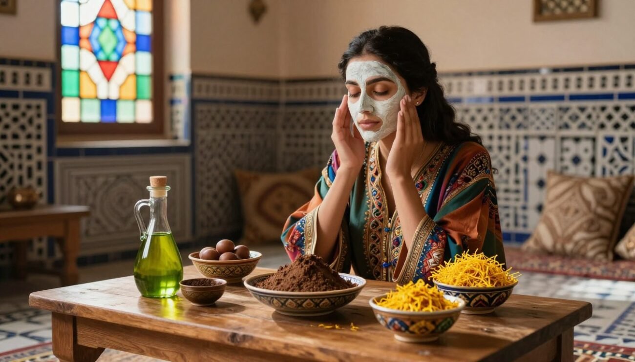 A beautifully arranged Moroccan beauty ritual scene set in a traditional Moroccan room. In the foreground, a low wooden table displays an assortment of natural cosmetic ingredients: vivid green argan oil, rich brown rhassoul clay, and vibrant yellow saffron strands, all elegantly presented in small, ornate bowls. In the middle, a woman wearing a modest, colorful traditional kaftan is gently applying a natural face mask, her serene expression reflecting relaxation and self-care. The background features intricate Moroccan tile work and soft, ambient lighting filtering through a colorful stained-glass window, casting warm hues across the room. The atmosphere is tranquil and inviting, evoking a sense of timeless beauty traditions.