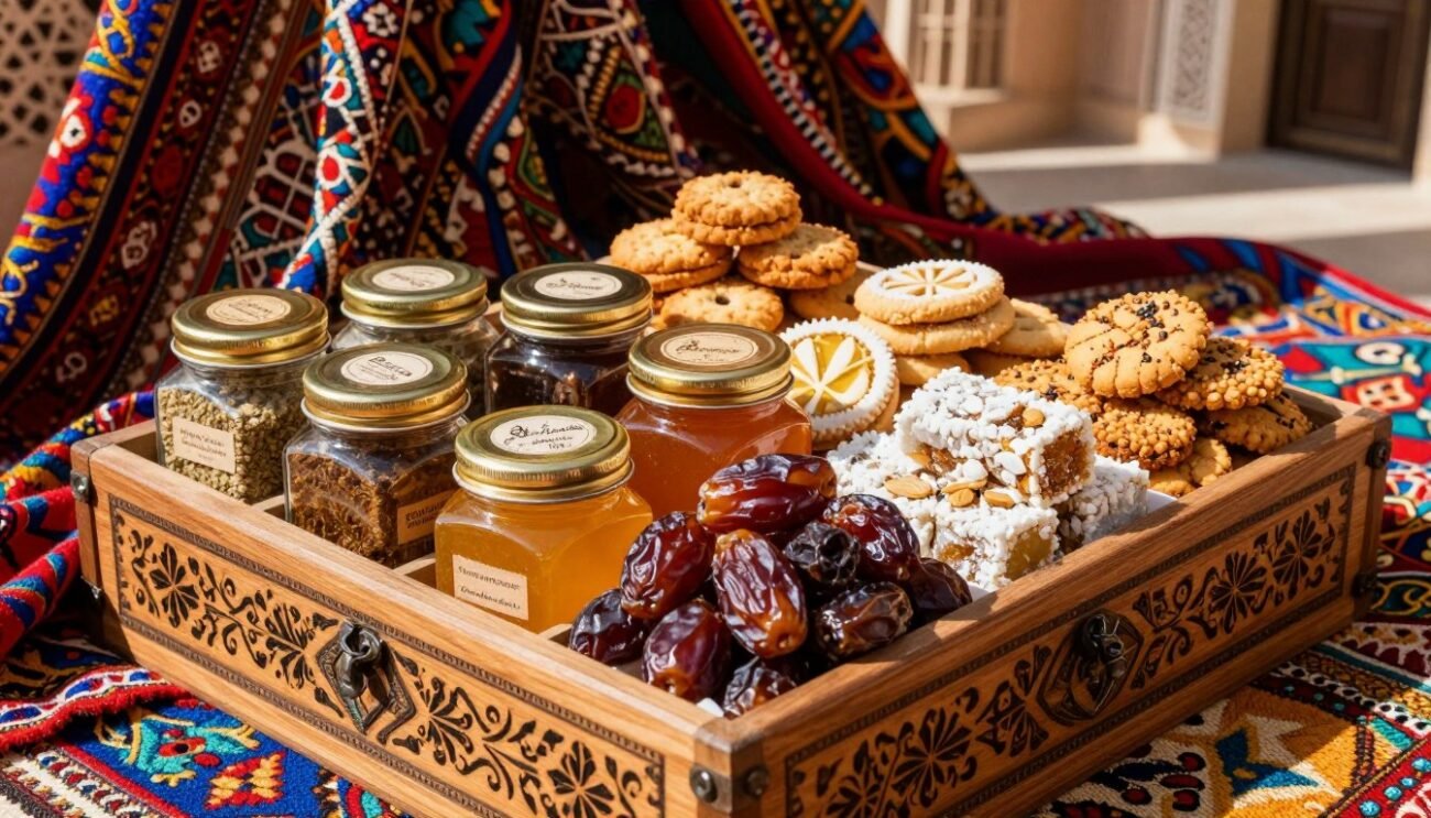 A beautifully arranged Moroccan "coffret gourmand" brimming with an array of authentic gourmet delights. In the foreground, a handcrafted wooden box showcases vibrant jars of spices, vividly colored dates, and rich honey pots, each delicately labeled. The middle ground features a variety of artisanal cookies and traditional sweets, visually inviting. Lush, ornate textiles drape the background, enhancing the vibrant colors of the treats, while hints of intricate Moroccan architecture peek through. Warm, natural sunlight pours in, casting soft shadows and highlighting the textures of the box and treats. The scene conveys a sense of richness, tradition, and indulgence, inviting viewers to experience the authentic flavors of Morocco in a delightful arrangement. A beautifully arranged Moroccan "coffret gourmand" brimming with an array of authentic gourmet delights. In the foreground, a handcrafted wooden box showcases vibrant jars of spices, vividly colored dates, and rich honey pots, each delicately labeled. The middle ground features a variety of artisanal cookies and traditional sweets, visually inviting. Lush, ornate textiles drape the background, enhancing the vibrant colors of the treats, while hints of intricate Moroccan architecture peek through. Warm, natural sunlight pours in, casting soft shadows and highlighting the textures of the box and treats. The scene conveys a sense of richness, tradition, and indulgence, inviting viewers to experience the authentic flavors of Morocco in a delightful arrangement.