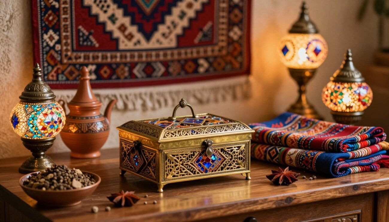 A beautifully arranged Moroccan gift box, featuring intricately designed handcrafted items, set on an elegant wooden table. In the foreground, showcase a brass and mosaic inlaid box, surrounded by polished pottery, fragrant spices, and colorful textiles. In the middle, a rich tapestry hanging in the background adds depth, while vibrant Moroccan lamps cast a warm, inviting glow over the scene. The composition highlights the artistry and authenticity of Moroccan craftsmanship, with soft lighting creating a cozy, inspirational atmosphere. Use a shallow depth of field to focus on the details of the gift items, ensuring a dreamy and enticing mood that captures the essence of artisanal Moroccan gifts. A beautifully arranged Moroccan gift box, featuring intricately designed handcrafted items, set on an elegant wooden table. In the foreground, showcase a brass and mosaic inlaid box, surrounded by polished pottery, fragrant spices, and colorful textiles. In the middle, a rich tapestry hanging in the background adds depth, while vibrant Moroccan lamps cast a warm, inviting glow over the scene. The composition highlights the artistry and authenticity of Moroccan craftsmanship, with soft lighting creating a cozy, inspirational atmosphere. Use a shallow depth of field to focus on the details of the gift items, ensuring a dreamy and enticing mood that captures the essence of artisanal Moroccan gifts.