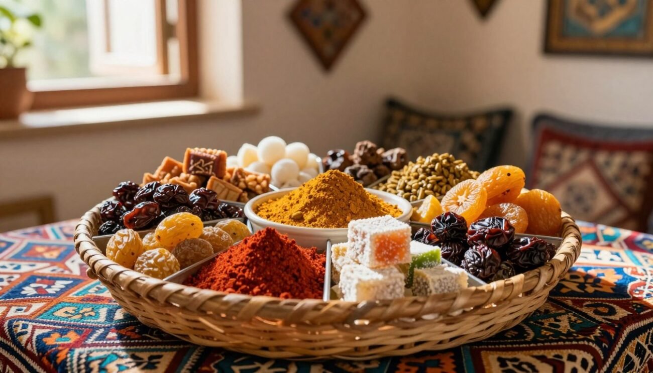 A beautifully arranged Moroccan gourmet basket showcasing an assortment of traditional delicacies, including colorful spices, dried fruits, and artisanal sweets. The foreground features a woven basket filled with vibrant items, presenting a sense of abundance. In the middle ground, a decorative tablecloth with intricate patterns enhances the Moroccan theme, while a soft, natural light filters in from an open window, casting gentle shadows. The background shows a textured wall adorned with traditional Moroccan decor, creating an inviting atmosphere. The overall mood is warm and inviting, evoking the essence of transparency and authenticity in pricing and offers. The composition is shot from a slightly elevated angle, accentuating the details of the basket and the vibrant colors of the items. A beautifully arranged Moroccan gourmet basket showcasing an assortment of traditional delicacies, including colorful spices, dried fruits, and artisanal sweets. The foreground features a woven basket filled with vibrant items, presenting a sense of abundance. In the middle ground, a decorative tablecloth with intricate patterns enhances the Moroccan theme, while a soft, natural light filters in from an open window, casting gentle shadows. The background shows a textured wall adorned with traditional Moroccan decor, creating an inviting atmosphere. The overall mood is warm and inviting, evoking the essence of transparency and authenticity in pricing and offers. The composition is shot from a slightly elevated angle, accentuating the details of the basket and the vibrant colors of the items.