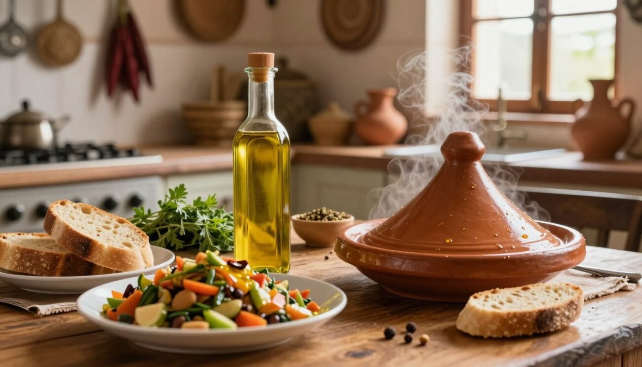 A beautifully arranged Moroccan kitchen scene highlighting the culinary uses of argan oil. In the foreground, a wooden table displays a variety of traditional dishes: a vibrant salad drizzled with golden argan oil, a steaming tajine, and bread for dipping. In the middle ground, a bottle of golden argan oil catches the light, surrounded by fresh herbs and spices, emphasizing its role in cooking. The background features rustic kitchen elements like hanging spices, clay pots, and a window with natural light streaming in, creating a warm and inviting atmosphere. The mood is cozy and authentic, reflecting the rich culinary heritage of Moroccan cuisine, captured in soft, warm lighting with a shallow depth of field to focus on the foreground. A beautifully arranged Moroccan kitchen scene highlighting the culinary uses of argan oil. In the foreground, a wooden table displays a variety of traditional dishes: a vibrant salad drizzled with golden argan oil, a steaming tajine, and bread for dipping. In the middle ground, a bottle of golden argan oil catches the light, surrounded by fresh herbs and spices, emphasizing its role in cooking. The background features rustic kitchen elements like hanging spices, clay pots, and a window with natural light streaming in, creating a warm and inviting atmosphere. The mood is cozy and authentic, reflecting the rich culinary heritage of Moroccan cuisine, captured in soft, warm lighting with a shallow depth of field to focus on the foreground.