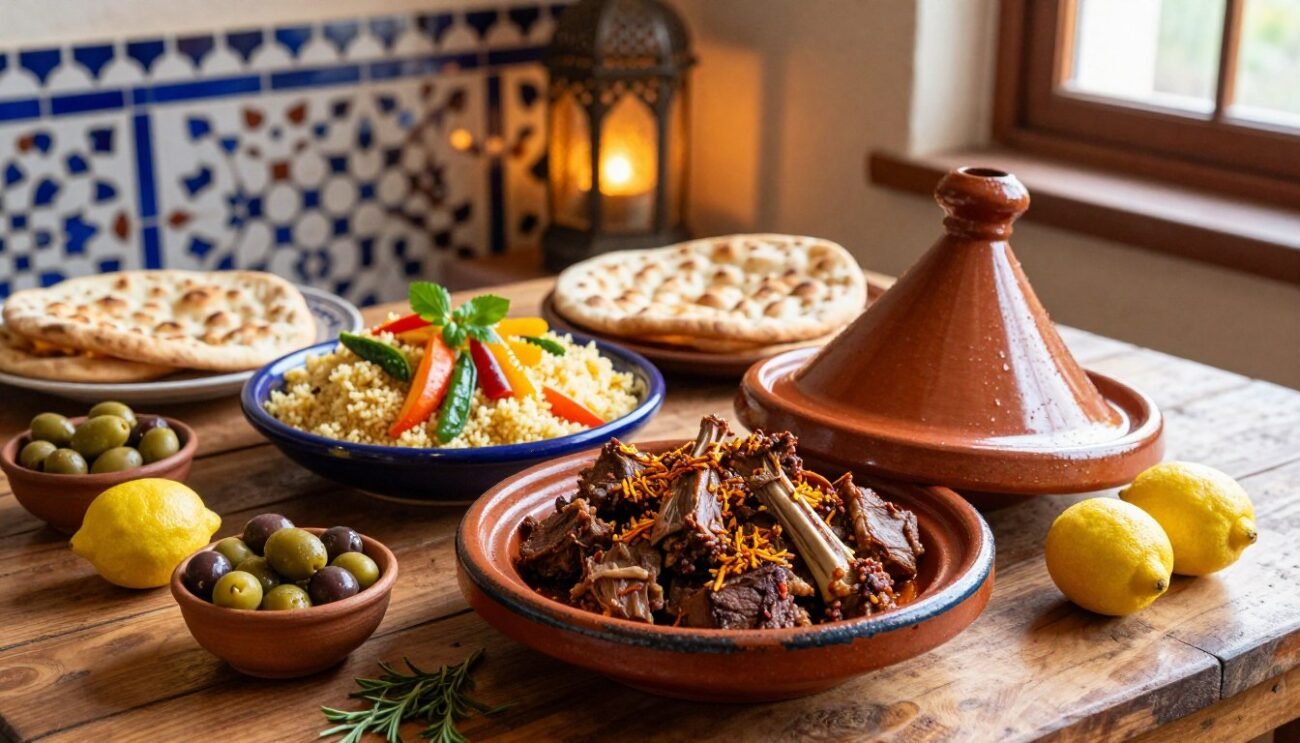 A beautifully arranged Moroccan traditional meal spread on a rustic wooden table. In the foreground, a colorful tagine filled with tender lamb and fragrant spices, surrounded by small bowls of olives, preserved lemons, and aromatic herbs. The middle ground features a vibrant couscous dish topped with vegetables, with slices of freshly baked khobz bread nearby. The background showcases intricate Moroccan tiles and a softly glowing lantern, creating a warm ambiance. Natural sunlight streams in from a nearby window, casting soft shadows and illuminating the rich colors of the food. The overall mood is inviting and warm, reflecting the rich culinary heritage of Morocco. A beautifully arranged Moroccan traditional meal spread on a rustic wooden table. In the foreground, a colorful tagine filled with tender lamb and fragrant spices, surrounded by small bowls of olives, preserved lemons, and aromatic herbs. The middle ground features a vibrant couscous dish topped with vegetables, with slices of freshly baked khobz bread nearby. The background showcases intricate Moroccan tiles and a softly glowing lantern, creating a warm ambiance. Natural sunlight streams in from a nearby window, casting soft shadows and illuminating the rich colors of the food. The overall mood is inviting and warm, reflecting the rich culinary heritage of Morocco.