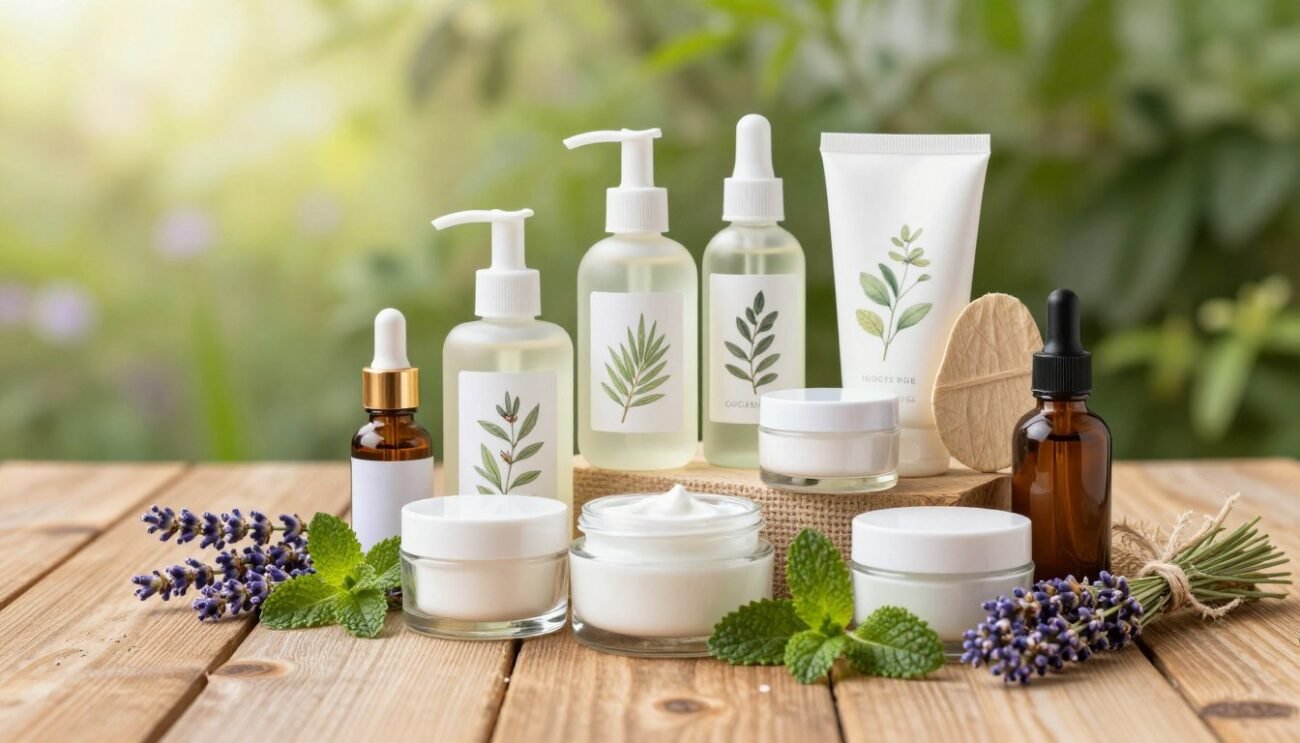 A beautifully arranged assortment of organic cosmetic products for face and body, displayed on a rustic wooden table. In the foreground, there are glass containers of creams and serums, surrounded by fresh herbs like lavender and mint, as well as organic textures such as burlap and straw. The middle layer features elegant bottles labeled with botanical illustrations, showcasing their natural ingredients. In the background, soft-focus greenery suggests a serene outdoor setting, with gentle sunlight filtering through leaves, creating a warm, inviting atmosphere. The light is soft and natural, lending a fresh and eco-friendly feel to the image. The mood conveys wellness and beauty, emphasizing sustainability and the purity of natural cosmetics. A beautifully arranged assortment of organic cosmetic products for face and body, displayed on a rustic wooden table. In the foreground, there are glass containers of creams and serums, surrounded by fresh herbs like lavender and mint, as well as organic textures such as burlap and straw. The middle layer features elegant bottles labeled with botanical illustrations, showcasing their natural ingredients. In the background, soft-focus greenery suggests a serene outdoor setting, with gentle sunlight filtering through leaves, creating a warm, inviting atmosphere. The light is soft and natural, lending a fresh and eco-friendly feel to the image. The mood conveys wellness and beauty, emphasizing sustainability and the purity of natural cosmetics.