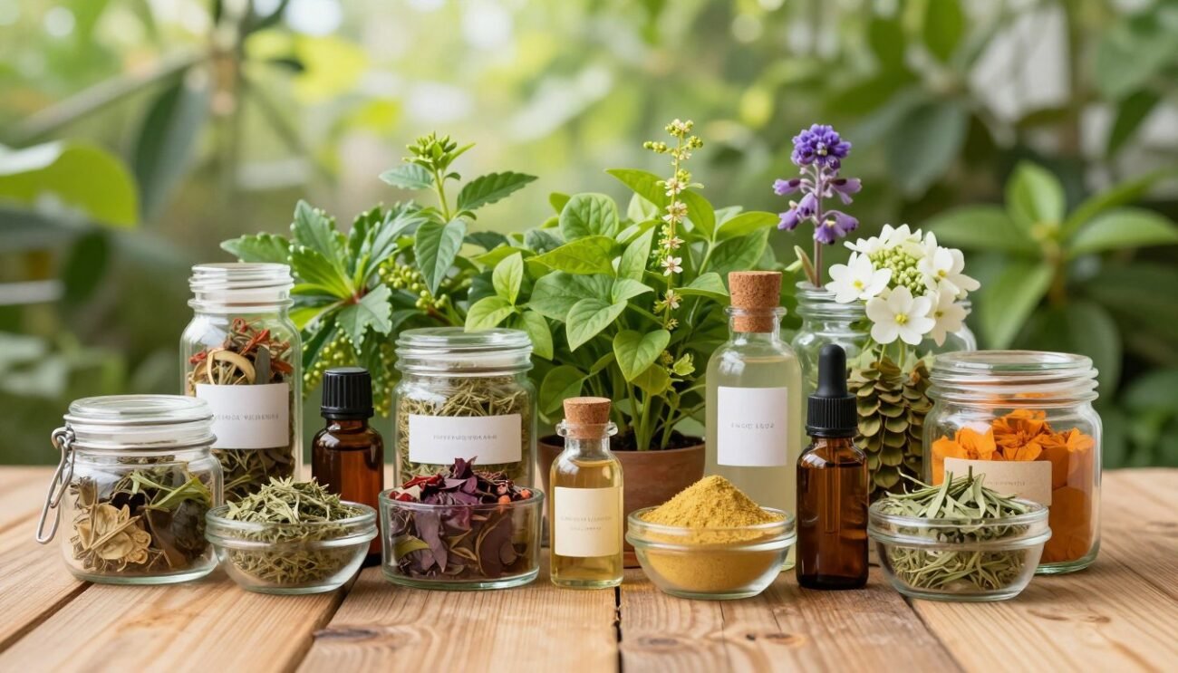 A beautifully arranged display of a diverse range of high-quality natural products. In the foreground, showcase elegant glass containers filled with herbal extracts, essential oils, and colorful organic powders, arranged artistically on a rustic wooden table. In the middle, include vibrant green plants and delicate flowers that emphasize the natural theme, while a few beautifully labeled jars convey a sense of sophistication. The background features soft-focus lush greenery, reminiscent of a serene botanical garden under bright, diffused sunlight. The scene should evoke a clean and fresh atmosphere, highlighting sustainability and wellness. Use a warm color palette to enhance the inviting mood, focusing on natural textures and materials. Ensure the image is devoid of any text, logos, or watermarks.