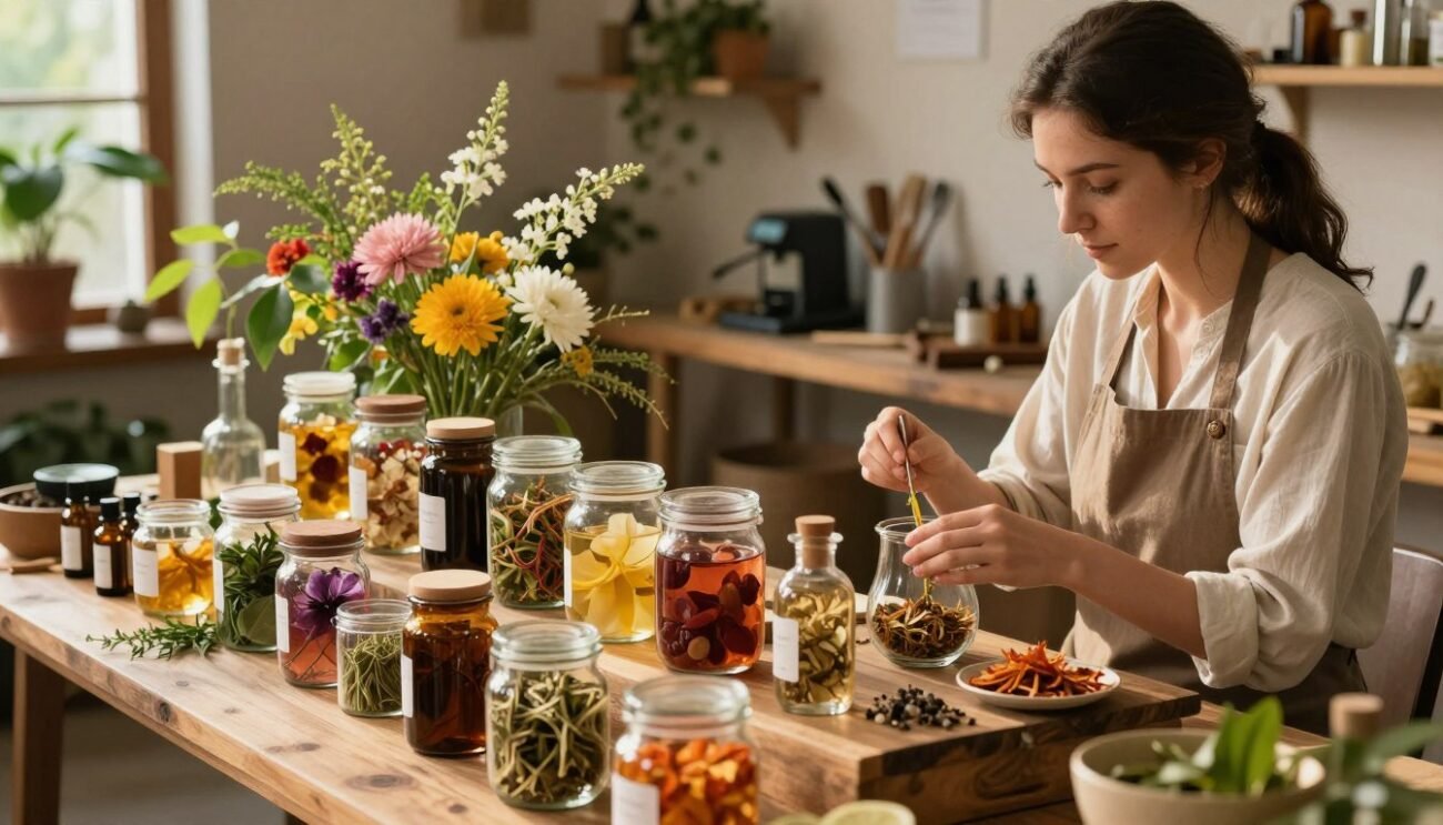 A beautifully arranged display of natural beauty products, featuring elegant glass bottles and jars filled with vibrant, organic ingredients like herbal infusions, essential oils, and floral extracts. In the foreground, a skilled artisan in modest casual clothing delicately prepares these products, showcasing the harmonious blend of innovation and tradition with a thoughtful expression. The middle ground features lush greenery and blooming flowers, symbolizing nature's bounty, while the background reveals a rustic yet modern workshop filled with tools and equipment that represent the craftsmanship involved. The lighting is warm and inviting, with soft rays illuminating the scene, creating a cozy, inspiring atmosphere that embodies the essence of beauty derived from nature. The composition focuses on the interplay between the artisan, the products, and the natural elements, conveying a sense of dedication to quality and tradition.