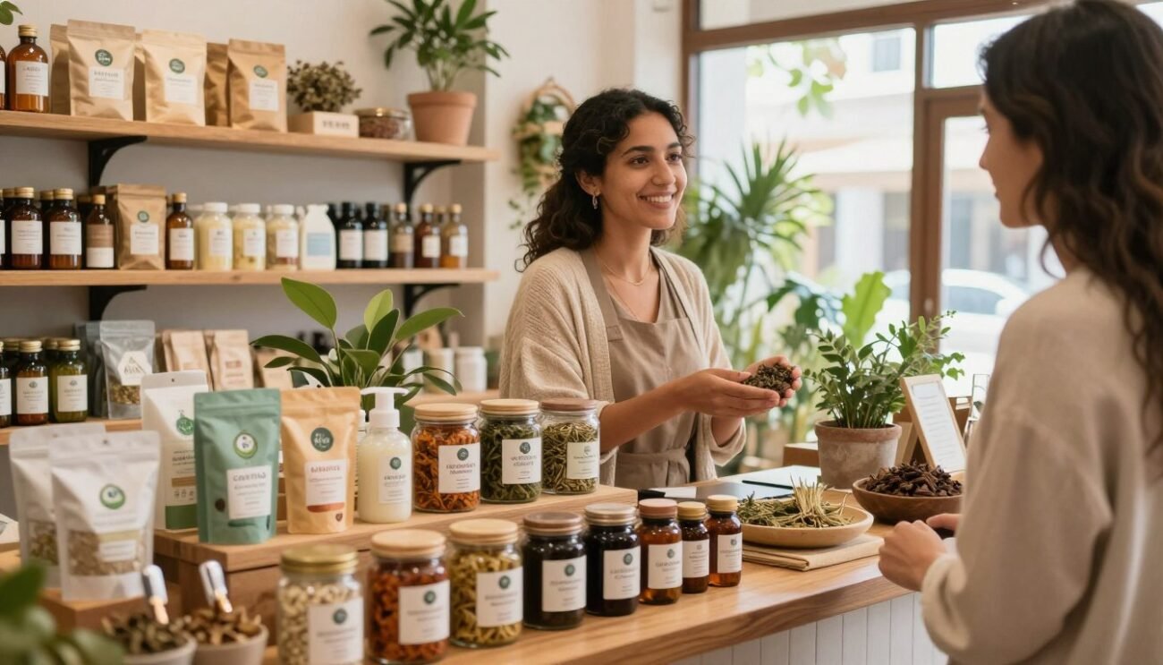 A beautifully arranged display of organic products in a cozy Moroccan boutique, showcasing certified bio brands. In the foreground, vibrant jars of natural skincare, organic teas, and herbal remedies attractively placed on a wooden counter, exuding a warm, earthy aesthetic. The middle ground features a well-dressed shopkeeper, a woman in modest casual attire, engaging with a customer, both smiling and surrounded by greenery. In the background, shelves lined with eco-friendly packaging display various bio-certified products. Soft, natural lighting pours in through large windows, creating a welcoming atmosphere filled with a sense of community and wellness. The overall mood conveys tranquility and health, highlighting partnerships with trusted organic brands. A beautifully arranged display of organic products in a cozy Moroccan boutique, showcasing certified bio brands. In the foreground, vibrant jars of natural skincare, organic teas, and herbal remedies attractively placed on a wooden counter, exuding a warm, earthy aesthetic. The middle ground features a well-dressed shopkeeper, a woman in modest casual attire, engaging with a customer, both smiling and surrounded by greenery. In the background, shelves lined with eco-friendly packaging display various bio-certified products. Soft, natural lighting pours in through large windows, creating a welcoming atmosphere filled with a sense of community and wellness. The overall mood conveys tranquility and health, highlighting partnerships with trusted organic brands.