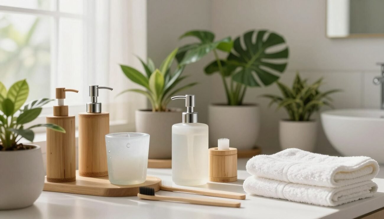 A beautifully arranged eco-friendly bathroom showcasing a variety of sustainable products. In the foreground, display natural bamboo and recycled glass items, such as soap dispensers, toothbrushes, and towels. The middle ground features elegant plants in biodegradable pots, contributing to a fresh, green aesthetic. The background illustrates a serene bathroom atmosphere with soft, natural lighting filtering through a window adorned with light sheer curtains. Use a warm color palette to enhance the inviting mood. The image should ideally be captured from a slight angle to create depth, emphasizing the eco-conscious theme while ensuring a clean, modern design without any text or distractions. A beautifully arranged eco-friendly bathroom showcasing a variety of sustainable products. In the foreground, display natural bamboo and recycled glass items, such as soap dispensers, toothbrushes, and towels. The middle ground features elegant plants in biodegradable pots, contributing to a fresh, green aesthetic. The background illustrates a serene bathroom atmosphere with soft, natural lighting filtering through a window adorned with light sheer curtains. Use a warm color palette to enhance the inviting mood. The image should ideally be captured from a slight angle to create depth, emphasizing the eco-conscious theme while ensuring a clean, modern design without any text or distractions.