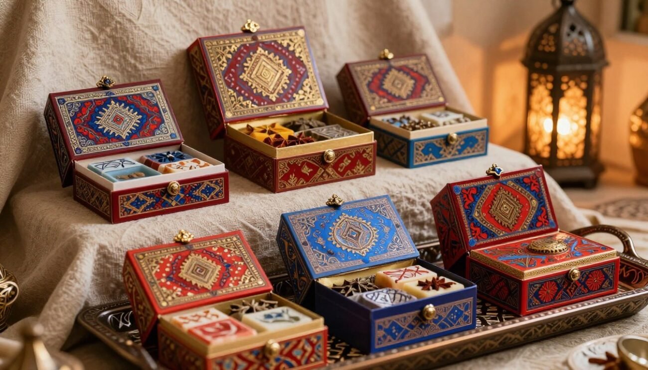 A beautifully arranged selection of Moroccan gift boxes, known as "coffrets cadeaux marocains," displayed on an intricately patterned tray. In the foreground, the boxes are ornate, featuring traditional Moroccan motifs in vibrant colors like rich reds, deep blues, and golden accents, with some boxes open to reveal handmade soaps, aromatic spices, and decorative ceramics. The middle layer includes a soft, textured fabric backdrop that highlights the colorful gifts, creating an inviting atmosphere. In the background, a hint of a Moroccan lantern casts a warm, soft glow, enhancing the cozy ambience. The scene is illuminated with gentle, diffused lighting to emphasize the intricate details and craftsmanship, evoking a mood of authenticity and warmth. The composition captures the essence of Moroccan artisanal gifts elegantly. A beautifully arranged selection of Moroccan gift boxes, known as "coffrets cadeaux marocains," displayed on an intricately patterned tray. In the foreground, the boxes are ornate, featuring traditional Moroccan motifs in vibrant colors like rich reds, deep blues, and golden accents, with some boxes open to reveal handmade soaps, aromatic spices, and decorative ceramics. The middle layer includes a soft, textured fabric backdrop that highlights the colorful gifts, creating an inviting atmosphere. In the background, a hint of a Moroccan lantern casts a warm, soft glow, enhancing the cozy ambience. The scene is illuminated with gentle, diffused lighting to emphasize the intricate details and craftsmanship, evoking a mood of authenticity and warmth. The composition captures the essence of Moroccan artisanal gifts elegantly.