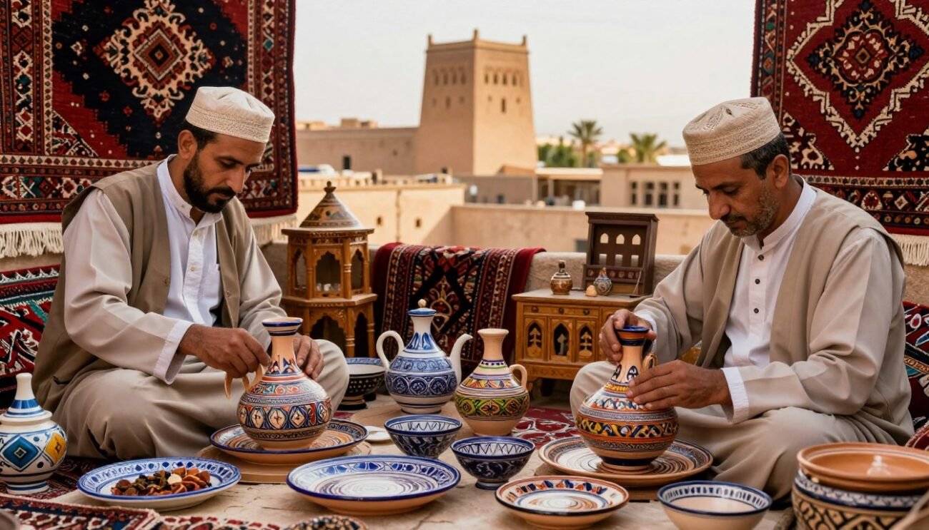 A beautifully detailed montage of traditional Moroccan craftsmanship. In the foreground, skilled artisans clad in modest traditional attire are meticulously working on handcrafted pottery and textiles, showcasing intricate patterns and vibrant colors. The middle ground features various artisan products, such as ornate carpets, hand-painted ceramics, and wooden furniture, highlighting the diversity of Moroccan craftsmanship. In the background, a sunlit Moroccan landscape with ancient architectural elements, such as a kasbah or riad, provides cultural context. The scene is bathed in warm, golden light, creating a welcoming and inviting atmosphere. Use a shallow depth of field to accentuate the artisans’ focused expressions and the textures of their products. Aim for a harmonious blend of tradition and artistry, capturing the rich history and expertise of Moroccan artisanship.