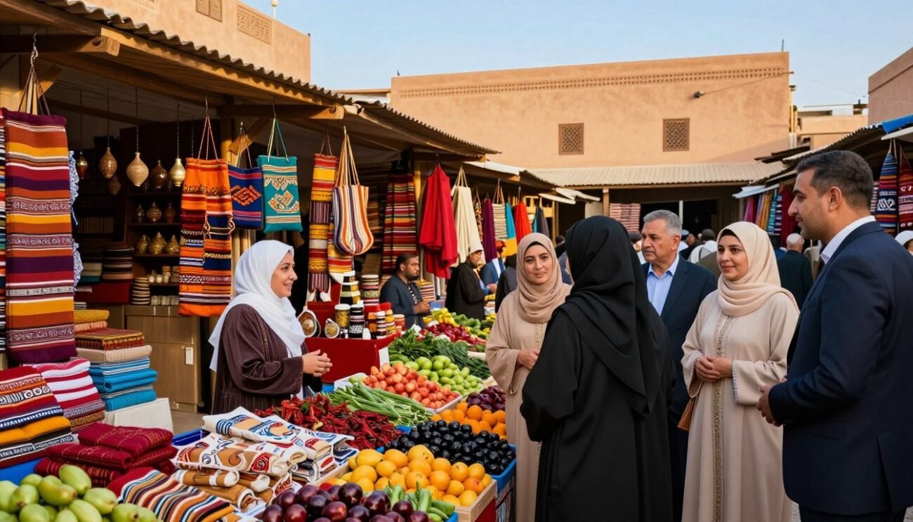 A bustling Moroccan marketplace scene showcasing the positive economic impact of ethical purchasing. In the foreground, a diverse group of well-dressed individuals, including women in traditional attire and men in professional clothing, are engaged in lively discussions while examining handmade goods and organic produce. The middle of the image features colorful stalls adorned with artisanal crafts, fair-trade products, and fresh local produce, symbolizing the vibrant local economy. In the background, traditional Moroccan architecture and a bright blue sky create a warm, inviting atmosphere. The lighting is soft and warm, mimicking early afternoon sunlight to highlight the rich colors of the goods on display. The overall mood is optimistic and vibrant, reflecting a community thriving through ethical commerce and sustainable practices. A bustling Moroccan marketplace scene showcasing the positive economic impact of ethical purchasing. In the foreground, a diverse group of well-dressed individuals, including women in traditional attire and men in professional clothing, are engaged in lively discussions while examining handmade goods and organic produce. The middle of the image features colorful stalls adorned with artisanal crafts, fair-trade products, and fresh local produce, symbolizing the vibrant local economy. In the background, traditional Moroccan architecture and a bright blue sky create a warm, inviting atmosphere. The lighting is soft and warm, mimicking early afternoon sunlight to highlight the rich colors of the goods on display. The overall mood is optimistic and vibrant, reflecting a community thriving through ethical commerce and sustainable practices.