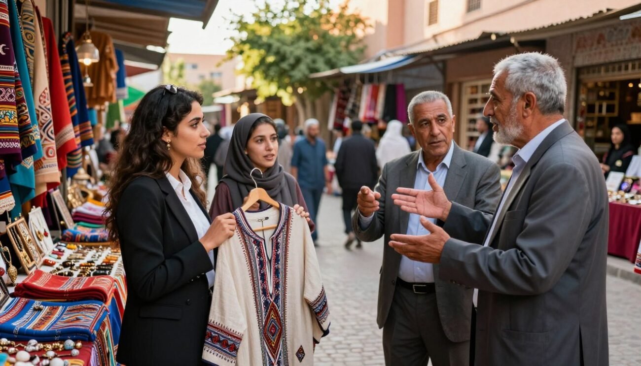 A bustling outdoor market scene in Morocco, showcasing a diverse group of people engaged in discussions about ethical fashion. In the foreground, a young woman in professional attire holds a beautifully crafted, eco-friendly garment, proudly displaying its intricate design. Next to her, an older man gestures while explaining the sustainable practices behind local brands, his hands animatedly conveying enthusiasm. The middle ground features vibrant stalls filled with colorful textiles and handmade accessories, highlighting the rich culture and craftsmanship of Moroccan fashion. In the background, a sunlit street lined with artisanal shops and greenery sets a warm, inviting atmosphere, with soft afternoon light casting gentle shadows. The overall mood is one of community, passion for sustainability, and innovation in fashion.