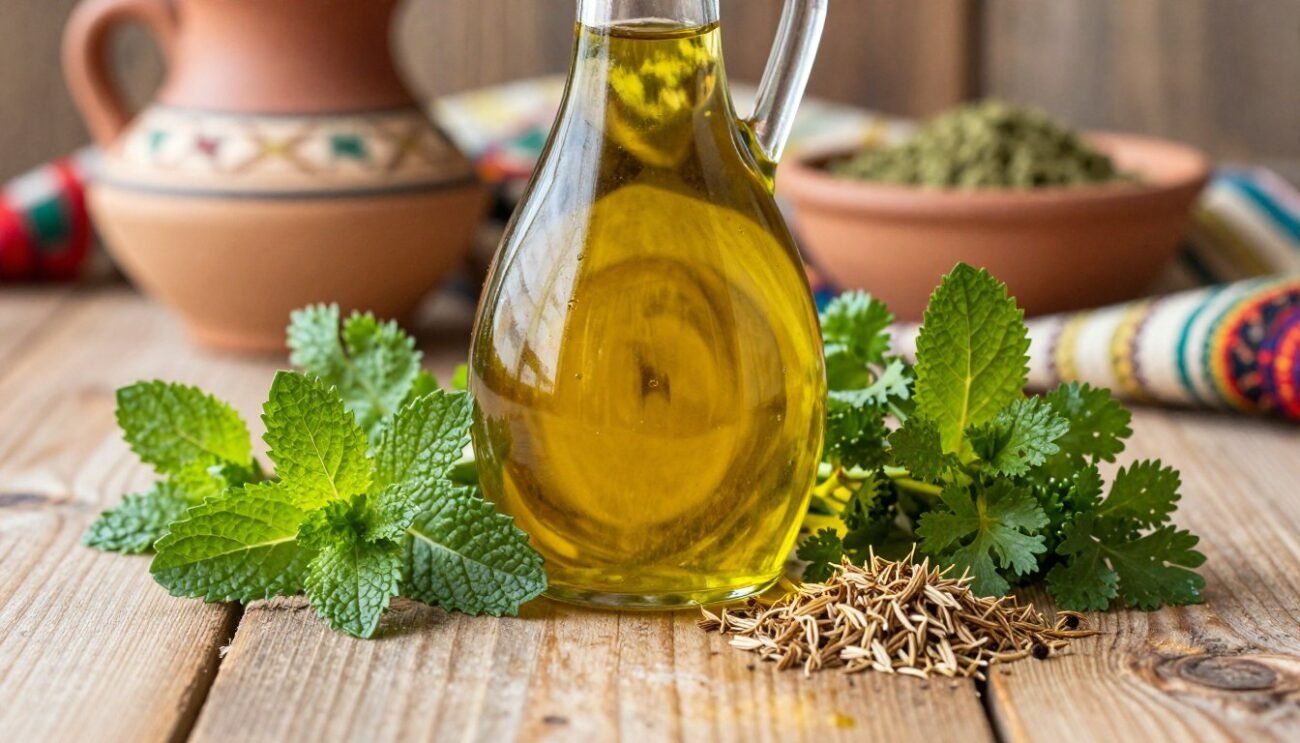 A close-up of organic extra virgin olive oil surrounded by fresh, vibrant Moroccan herbs and spices, emphasizing quality and authenticity. The oil glistens in a clear glass bottle, showcasing its rich golden hue. In the foreground, a rustic wooden table holds sprigs of mint, coriander, and cumin, creating a colorful and aromatic display. The background features blurred earthen pottery and woven fabrics that evoke the essence of Moroccan culture. Soft morning light filters through, casting warm, inviting shadows and enhancing the textures of the ingredients. The overall atmosphere is vibrant, earthy, and evokes a sense of culinary exploration, reflecting the purity and selectiveness of organic products. A close-up of organic extra virgin olive oil surrounded by fresh, vibrant Moroccan herbs and spices, emphasizing quality and authenticity. The oil glistens in a clear glass bottle, showcasing its rich golden hue. In the foreground, a rustic wooden table holds sprigs of mint, coriander, and cumin, creating a colorful and aromatic display. The background features blurred earthen pottery and woven fabrics that evoke the essence of Moroccan culture. Soft morning light filters through, casting warm, inviting shadows and enhancing the textures of the ingredients. The overall atmosphere is vibrant, earthy, and evokes a sense of culinary exploration, reflecting the purity and selectiveness of organic products.