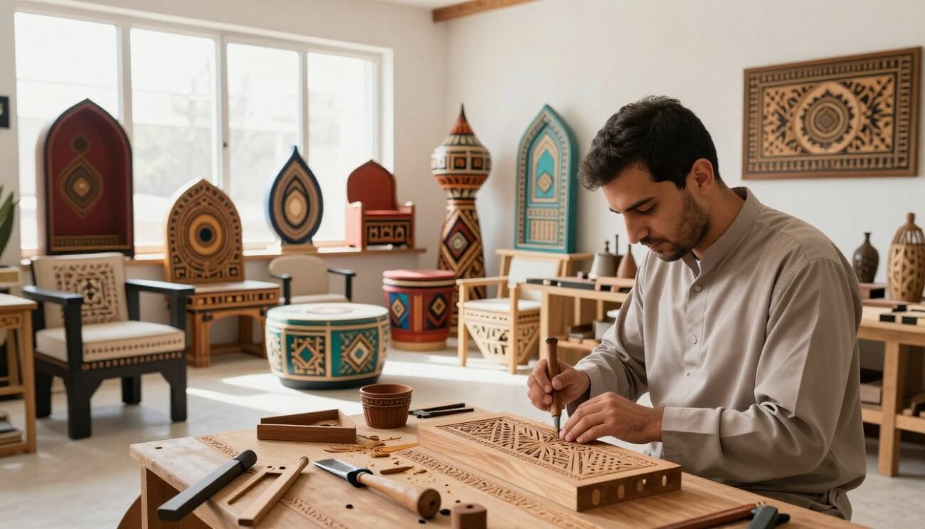 A contemporary Moroccan artisan workshop filled with innovative designs, showcasing intricate, handcrafted furniture combining traditional motifs with modern aesthetics. In the foreground, a skilled artisan, dressed in a professional, modest outfit, is meticulously carving a wooden piece using traditional tools. The middle ground features unique, eye-catching art pieces that blend vibrant colors and geometric patterns, reflecting a fusion of cultures. In the background, large windows allow natural light to stream in, illuminating the space with a warm, inviting glow. The atmosphere is creative and inspiring, emphasizing the harmony between craftsmanship and contemporary design, set within a clean, organized workspace. The image captures the essence of modern Moroccan artisan innovation. A contemporary Moroccan artisan workshop filled with innovative designs, showcasing intricate, handcrafted furniture combining traditional motifs with modern aesthetics. In the foreground, a skilled artisan, dressed in a professional, modest outfit, is meticulously carving a wooden piece using traditional tools. The middle ground features unique, eye-catching art pieces that blend vibrant colors and geometric patterns, reflecting a fusion of cultures. In the background, large windows allow natural light to stream in, illuminating the space with a warm, inviting glow. The atmosphere is creative and inspiring, emphasizing the harmony between craftsmanship and contemporary design, set within a clean, organized workspace. The image captures the essence of modern Moroccan artisan innovation.