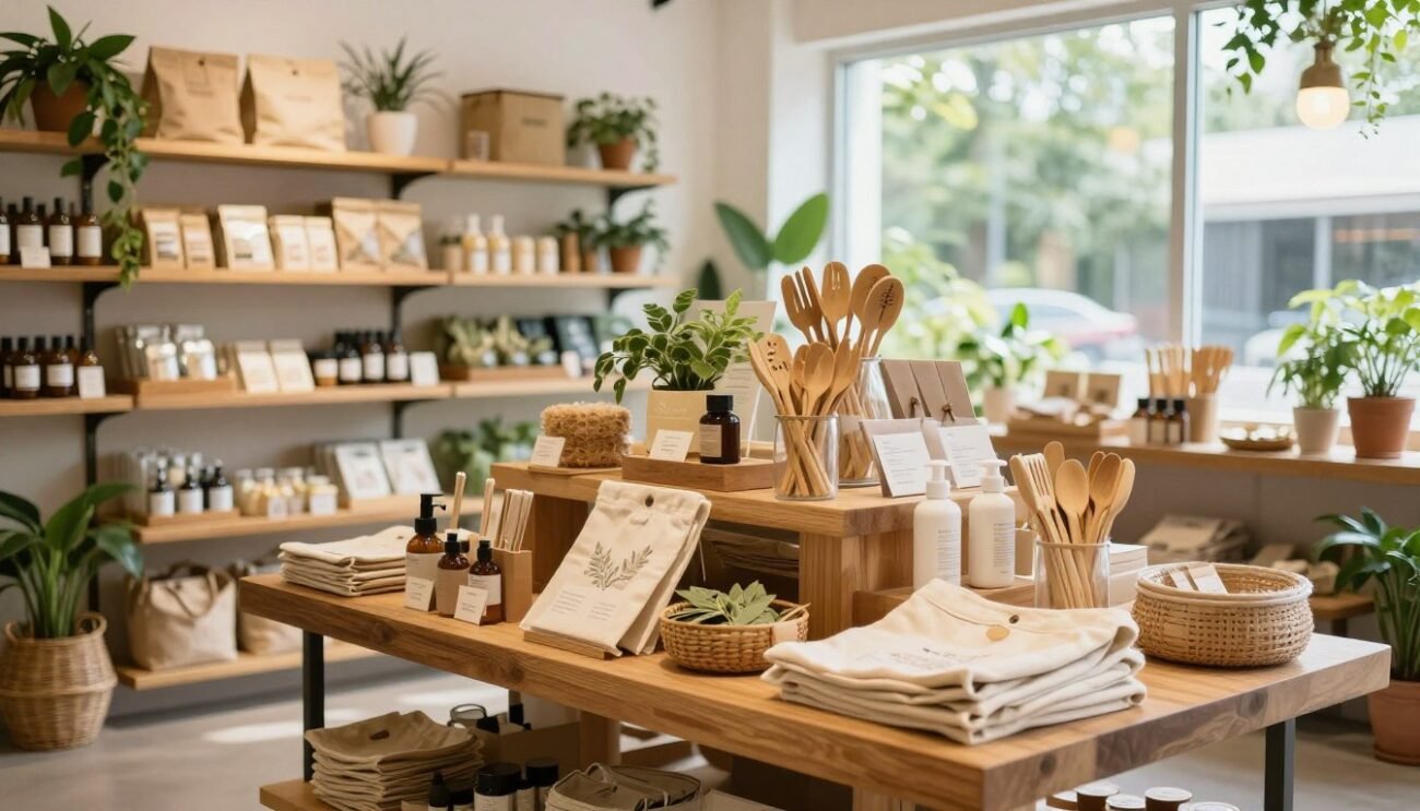 A cozy, eco-friendly boutique interior showcasing sustainable products. In the foreground, a wooden display table filled with handcrafted, organic items like reusable bags, bamboo utensils, and natural skincare products. The middle shows warm, inviting shelves lined with recycled packaging and plants enhancing the natural aesthetic. In the background, sunlight streams through large windows adorned with greenery, creating a bright, airy atmosphere. Soft, natural lighting emphasizes the textures of the products and the warm wood tones. The scene conveys a peaceful, sustainable shopping experience, inviting and inspiring customers to appreciate eco-responsible choices. A cozy, eco-friendly boutique interior showcasing sustainable products. In the foreground, a wooden display table filled with handcrafted, organic items like reusable bags, bamboo utensils, and natural skincare products. The middle shows warm, inviting shelves lined with recycled packaging and plants enhancing the natural aesthetic. In the background, sunlight streams through large windows adorned with greenery, creating a bright, airy atmosphere. Soft, natural lighting emphasizes the textures of the products and the warm wood tones. The scene conveys a peaceful, sustainable shopping experience, inviting and inspiring customers to appreciate eco-responsible choices.