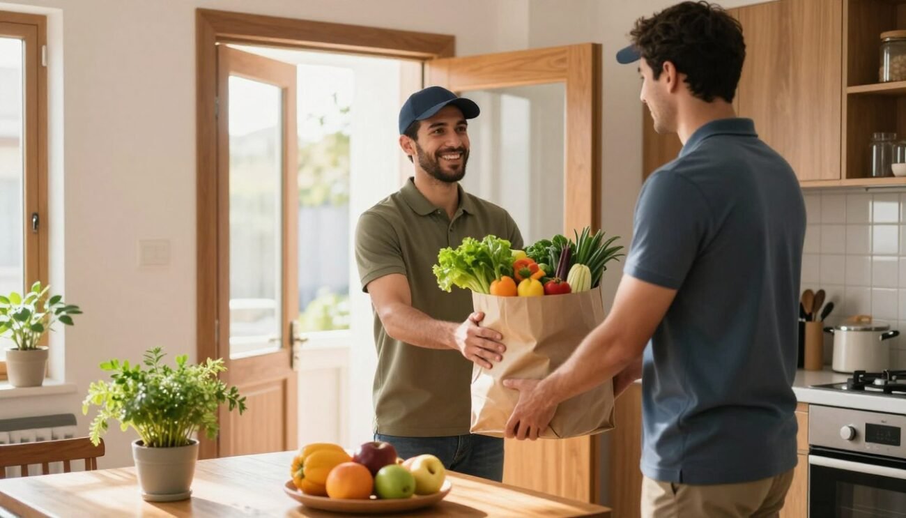 A cozy kitchen setting with a front door slightly ajar, welcoming a delivery person dressed in casual professional attire who is handing over a bag filled with organic groceries. In the foreground, a small wooden table holds fresh fruits and vegetables, with green herbs sprouting from a nearby pot. The middle ground displays the delivery person smiling, showcasing the joy of bringing health-conscious food options into the home. In the background, through the open door, sunlight streams in, casting warm light that enhances the inviting atmosphere of the room. The overall mood is one of convenience, health, and happiness, suggesting the positive impact of home delivery services for purchasing organic food in a Moroccan context.