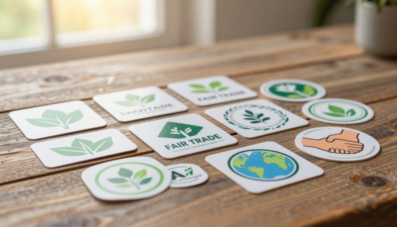 A detailed close-up image showcasing various ethical brand certification labels arranged aesthetically on a rustic wooden table. The labels feature symbols and colors that represent sustainability, fair trade, and eco-friendliness, incorporating elements like green leaves, a globe, and hands shaking. In the background, softly blurred, there is a warm, natural sunlight entering through a window, creating a gentle glow that enhances the organic feel of the scene. The focus is sharp on the labels, exhibiting textures and details clearly, while the background provides a harmonious atmosphere suggesting responsibility and care. This composition evokes a sense of trust and awareness regarding ethical consumer choices. No text or watermarks are present.