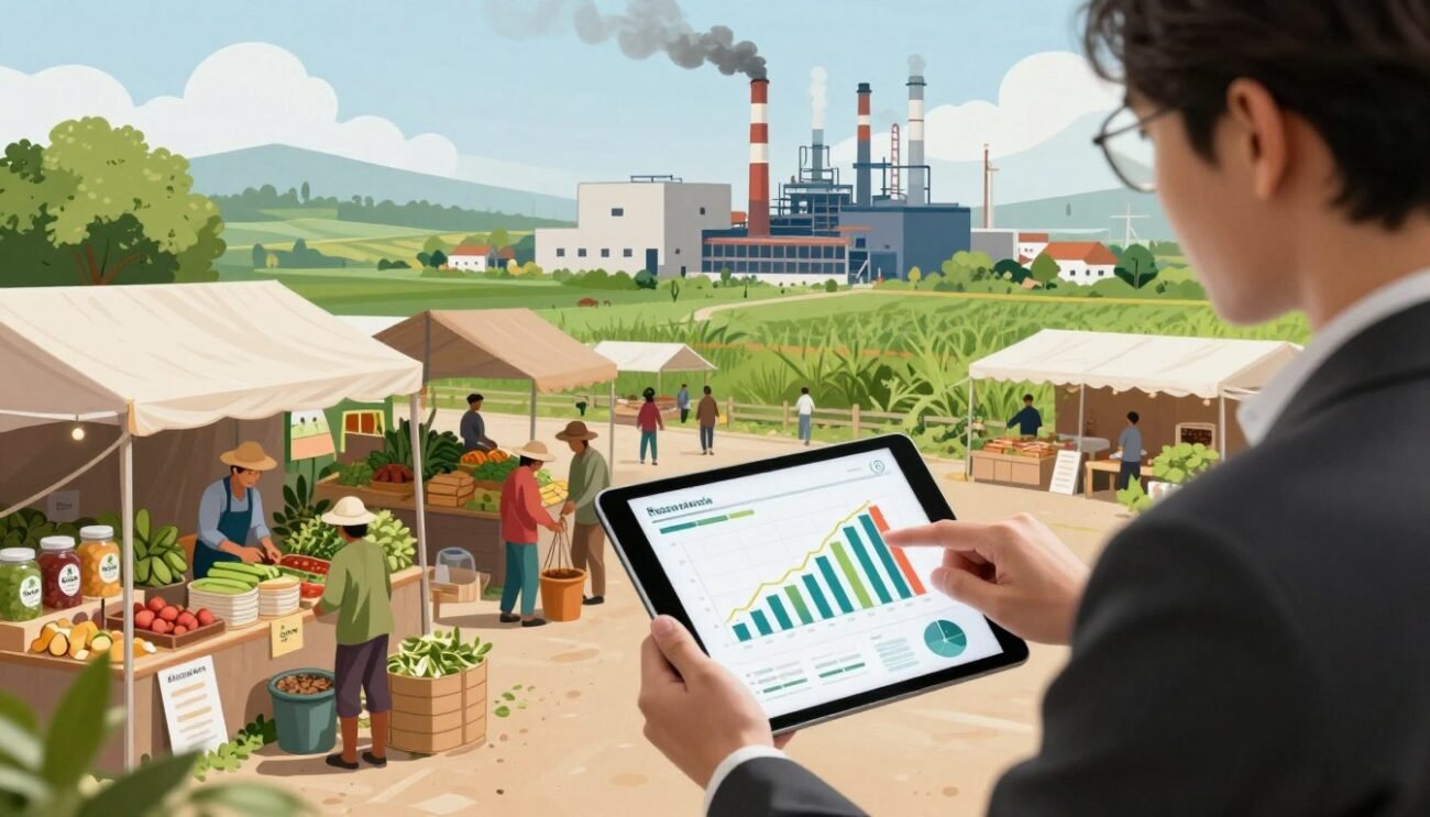A detailed illustration depicting the environmental impacts of the supply chain. In the foreground, show a person in professional business attire analyzing a digital tablet displaying graphs on pollution and resource consumption. In the middle ground, depict a bustling marketplace with eco-friendly products and farmers working sustainably. In the background, include a factory with smoke billowing from chimneys, contrasting with green fields and trees. Use natural lighting that gives an optimistic yet serious mood, emphasizing the need for ethical sourcing. Capture this scene from a slightly elevated angle, allowing a broad view of both the market and the factory to highlight the contrasting aspects of supply chain practices. A detailed illustration depicting the environmental impacts of the supply chain. In the foreground, show a person in professional business attire analyzing a digital tablet displaying graphs on pollution and resource consumption. In the middle ground, depict a bustling marketplace with eco-friendly products and farmers working sustainably. In the background, include a factory with smoke billowing from chimneys, contrasting with green fields and trees. Use natural lighting that gives an optimistic yet serious mood, emphasizing the need for ethical sourcing. Capture this scene from a slightly elevated angle, allowing a broad view of both the market and the factory to highlight the contrasting aspects of supply chain practices.