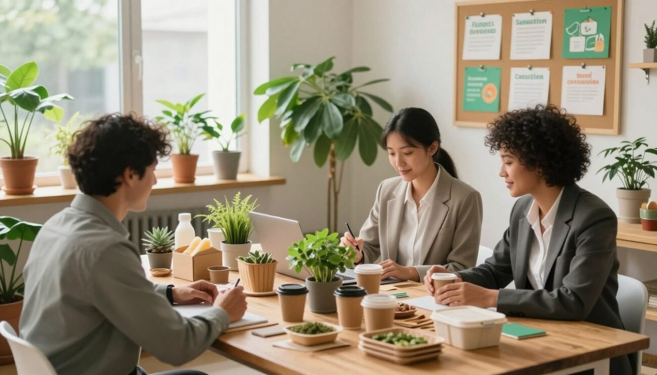 A harmonious workspace filled with eco-friendly elements illustrating responsible consumption. In the foreground, a diverse group of three people dressed in professional business attire, collaborating over a wooden table laden with organic products, reusable containers, and upcycled materials. In the middle ground, lush indoor plants thrive, emphasizing sustainability. The background features a bright window with natural light streaming in, highlighting a colorful bulletin board displaying tips for responsible consumption and sustainable habits. The atmosphere should evoke a sense of community, responsibility, and positivity, with warm tones and soft shadows creating an inviting ambiance. Capture this scene with a slightly elevated angle to give viewers a comprehensive view of the workspace and the engaging interactions.
