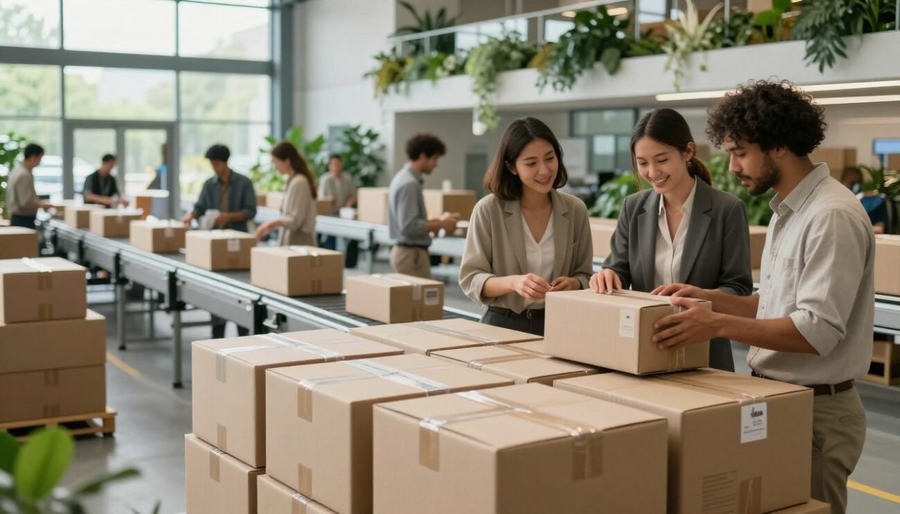 A modern logistics facility showcasing sustainable packaging solutions. In the foreground, boxes made of recyclable materials are stacked neatly, featuring natural textures and earthy colors. There’s a diverse group of professionals in modest business attire collaboratively inspecting these packages, highlighting teamwork. In the middle ground, a sleek conveyor system transports more sustainable packaging items, bathed in soft, natural light that filters through large windows, symbolizing transparency and eco-friendliness. The background features greenery integrated into the building design, illustrating a commitment to environmental responsibility. The atmosphere is one of innovation and collaboration, evoking a sense of positive progress in sustainable logistics. The image should be well-composed, focusing on the harmonious blend of technology and nature, with a clear focus on the importance of sustainability. A modern logistics facility showcasing sustainable packaging solutions. In the foreground, boxes made of recyclable materials are stacked neatly, featuring natural textures and earthy colors. There’s a diverse group of professionals in modest business attire collaboratively inspecting these packages, highlighting teamwork. In the middle ground, a sleek conveyor system transports more sustainable packaging items, bathed in soft, natural light that filters through large windows, symbolizing transparency and eco-friendliness. The background features greenery integrated into the building design, illustrating a commitment to environmental responsibility. The atmosphere is one of innovation and collaboration, evoking a sense of positive progress in sustainable logistics. The image should be well-composed, focusing on the harmonious blend of technology and nature, with a clear focus on the importance of sustainability.