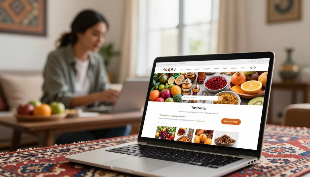 A modern online shopping experience showcasing a secure online order process. In the foreground, a sleek laptop displays a vibrant webpage featuring local Moroccan products, adorned with colorful images of fruits, spices, and artisanal crafts. In the middle ground, an attentive customer in professional attire is engaged in placing an order, depicted in a cozy, well-lit home environment with a touch of Moroccan decor, such as patterned rugs and wall art. In the background, soft, natural light filters through a window, creating a warm and inviting atmosphere. The composition features a shallow depth of field, focusing on the laptop screen while gently blurring the surroundings, evoking a sense of comfort and ease in online shopping. A modern online shopping experience showcasing a secure online order process. In the foreground, a sleek laptop displays a vibrant webpage featuring local Moroccan products, adorned with colorful images of fruits, spices, and artisanal crafts. In the middle ground, an attentive customer in professional attire is engaged in placing an order, depicted in a cozy, well-lit home environment with a touch of Moroccan decor, such as patterned rugs and wall art. In the background, soft, natural light filters through a window, creating a warm and inviting atmosphere. The composition features a shallow depth of field, focusing on the laptop screen while gently blurring the surroundings, evoking a sense of comfort and ease in online shopping.