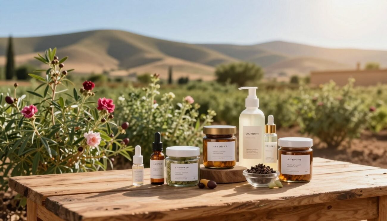 A serene Moroccan landscape showcasing eco-responsibility in cosmetics. In the foreground, a collection of natural skincare products, elegantly displayed on a rustic wooden table, featuring glass jars with minimalist labels and organic ingredients. The middle ground highlights a lush herbal garden, with vibrant Moroccan plants like argan and rose, illustrating the sourcing of natural ingredients. The background features gently rolling hills under a bright blue sky, with soft, golden sunlight filtering through, creating a warm, inviting atmosphere. Capture this scene using a soft focus lens, emphasizing a natural, soothing color palette. The overall mood conveys sustainability and harmony with nature, illustrating the essence of eco-friendly beauty practices in Morocco.