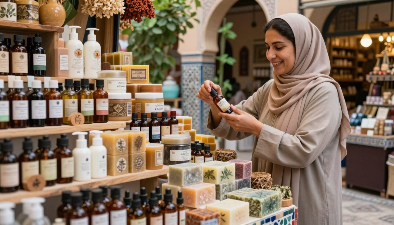 A serene Moroccan marketplace featuring a vibrant display of organic cosmetics. In the foreground, elegantly arranged bottles and jars made from natural materials, showcasing essential oils, body creams, and herbal soaps, all with earthy colors. A middle layer includes a friendly, modestly dressed woman examining a product, demonstrating care and attention to detail. In the background, traditional Moroccan architecture with intricate tile work and lush greenery, creating a warm and inviting atmosphere. Soft, natural lighting highlights the textures of the products and the genuine expressions of joy and curiosity. The scene feels harmonious, reflecting the importance of choosing natural and healthy cosmetics in a culturally rich setting.