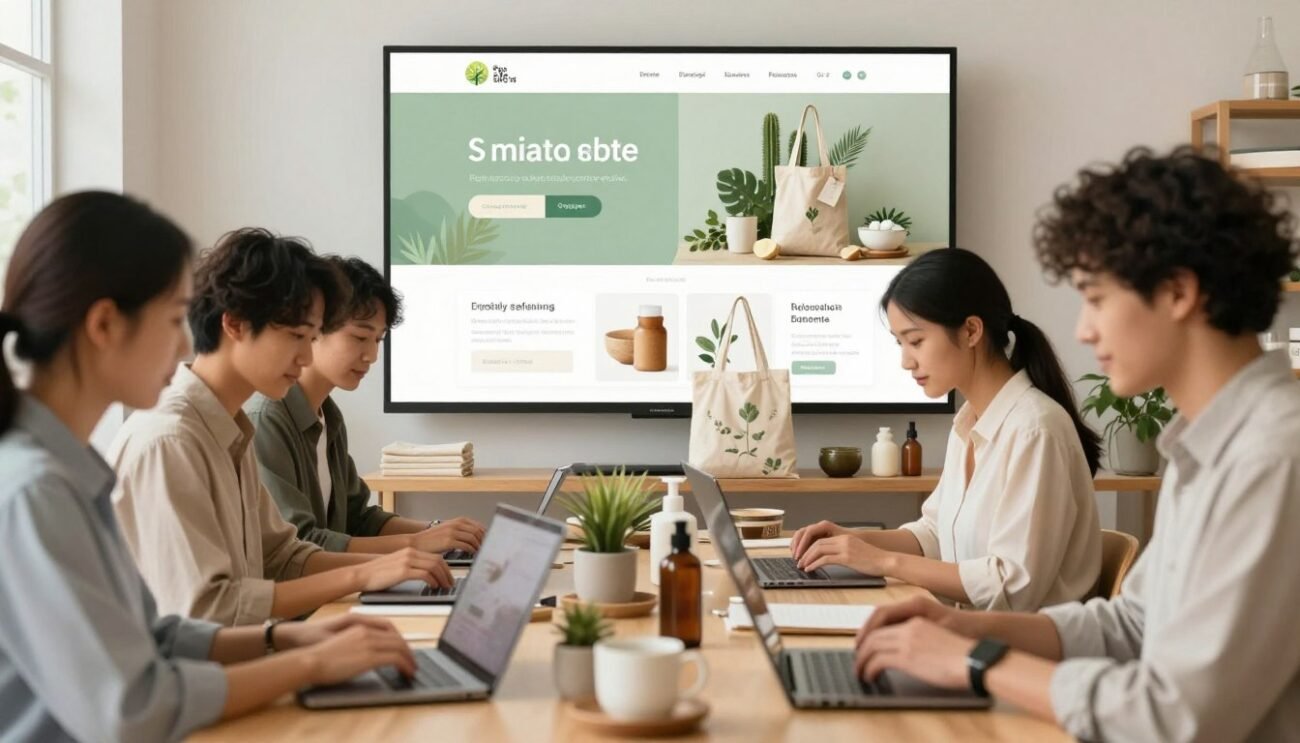 A serene and inviting e-commerce environment illustrating the concept of a responsible e-shop. In the foreground, a diverse group of individuals in professional attire enthusiastically browsing on laptops and tablets, showcasing sustainable products. The middle scene features a well-organized display of eco-friendly goods, such as reusable bags, organic skincare, and ethically sourced homeware, all bathed in warm, natural lighting. The background includes a modern, minimalist digital interface with a soothing color palette that reflects harmony with nature. The atmosphere conveys a sense of community and mindfulness, emphasizing ethical shopping practices. Use a soft-focus lens effect to create a welcoming mood, capturing the essence of sustainable purchasing in a contemporary setting. A serene and inviting e-commerce environment illustrating the concept of a responsible e-shop. In the foreground, a diverse group of individuals in professional attire enthusiastically browsing on laptops and tablets, showcasing sustainable products. The middle scene features a well-organized display of eco-friendly goods, such as reusable bags, organic skincare, and ethically sourced homeware, all bathed in warm, natural lighting. The background includes a modern, minimalist digital interface with a soothing color palette that reflects harmony with nature. The atmosphere conveys a sense of community and mindfulness, emphasizing ethical shopping practices. Use a soft-focus lens effect to create a welcoming mood, capturing the essence of sustainable purchasing in a contemporary setting.