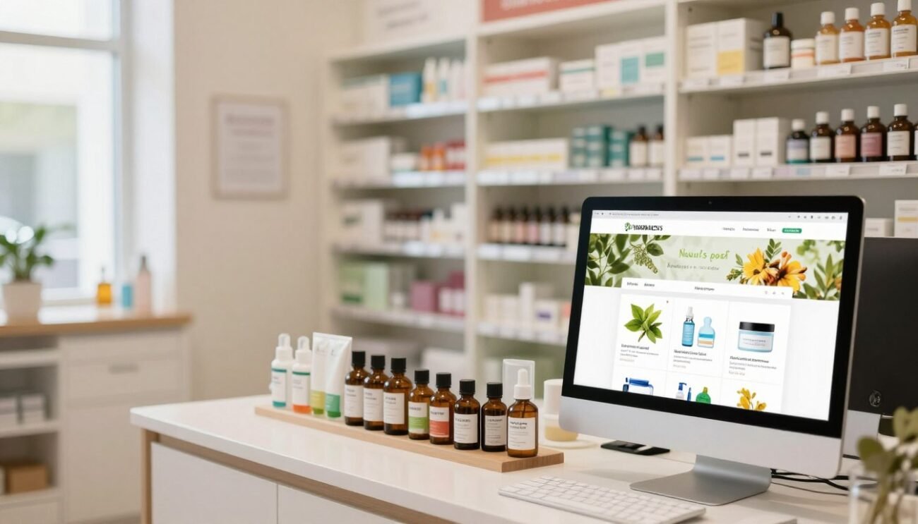 A serene and inviting pharmacy setting showcasing a comparison between online pharmacies and physical parapharmacies focused on natural skincare products. In the foreground, feature a modern computer screen displaying a well-designed e-commerce interface with natural skincare items like oils and creams. In the middle ground, integrate a sleek pharmacy counter with beautifully arranged shelves filled with organic products, vibrantly colored herbal remedies, and essential oils. The background should depict a calm, well-lit environment with soft, natural lighting creating a warm atmosphere. Use a slightly shallow depth of field to emphasize the products while ensuring a professional and clean appearance. The mood is informative and accessible, inviting readers to explore natural skincare options. Ensure no people are depicted in the image.