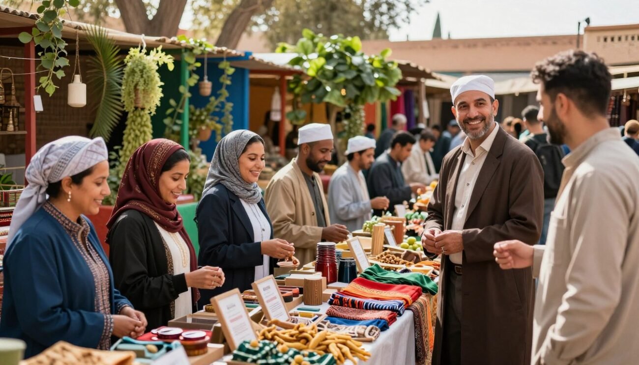 A serene and vibrant marketplace scene showcasing ethical and sustainable products. In the foreground, diverse vendors (dressed in professional attire) are engaging with customers, smiling and displaying eco-friendly goods such as handmade crafts, organic foods, and recycled materials. The middle ground features colorful stalls adorned with greenery, emphasizing an inviting, community-driven atmosphere. In the background, soft natural lighting filters through trees, creating a warm glow that enhances the friendly mood. Showcase a harmonious and bustling environment, reflecting a responsible and inclusive marketplace concept in Morocco, with inviting colors and an overall sense of community and sustainability. Ensure the image captures the essence of ethical consumerism and local craftsmanship without text or distractions. A serene and vibrant marketplace scene showcasing ethical and sustainable products. In the foreground, diverse vendors (dressed in professional attire) are engaging with customers, smiling and displaying eco-friendly goods such as handmade crafts, organic foods, and recycled materials. The middle ground features colorful stalls adorned with greenery, emphasizing an inviting, community-driven atmosphere. In the background, soft natural lighting filters through trees, creating a warm glow that enhances the friendly mood. Showcase a harmonious and bustling environment, reflecting a responsible and inclusive marketplace concept in Morocco, with inviting colors and an overall sense of community and sustainability. Ensure the image captures the essence of ethical consumerism and local craftsmanship without text or distractions.