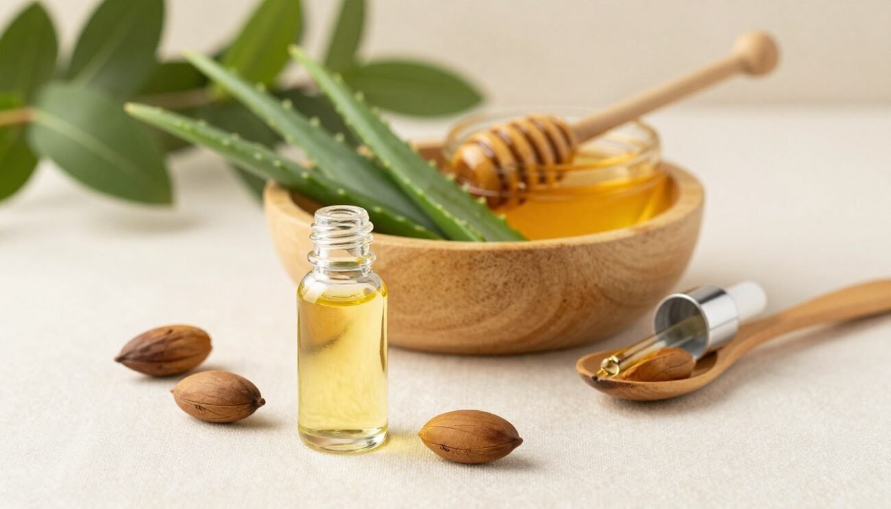 A serene beauty scene depicting a flat lay of a beauty routine using organic argan oil. In the foreground, a small bottle of argan oil sits on a soft, textured fabric, surrounded by fresh argan nuts and a silver dropper. In the middle, a bamboo bowl filled with natural ingredients like honey and aloe vera complements the argan oil, with a wooden spoon resting beside it. The background features a soft-focus arrangement of green plants that enhance the natural vibe. Gentle, diffused lighting creates a warm and inviting atmosphere, while a shallow depth of field emphasizes the beauty products in the foreground. The overall mood is calming and luxurious, conveying a sense of natural beauty and self-care. A serene beauty scene depicting a flat lay of a beauty routine using organic argan oil. In the foreground, a small bottle of argan oil sits on a soft, textured fabric, surrounded by fresh argan nuts and a silver dropper. In the middle, a bamboo bowl filled with natural ingredients like honey and aloe vera complements the argan oil, with a wooden spoon resting beside it. The background features a soft-focus arrangement of green plants that enhance the natural vibe. Gentle, diffused lighting creates a warm and inviting atmosphere, while a shallow depth of field emphasizes the beauty products in the foreground. The overall mood is calming and luxurious, conveying a sense of natural beauty and self-care.