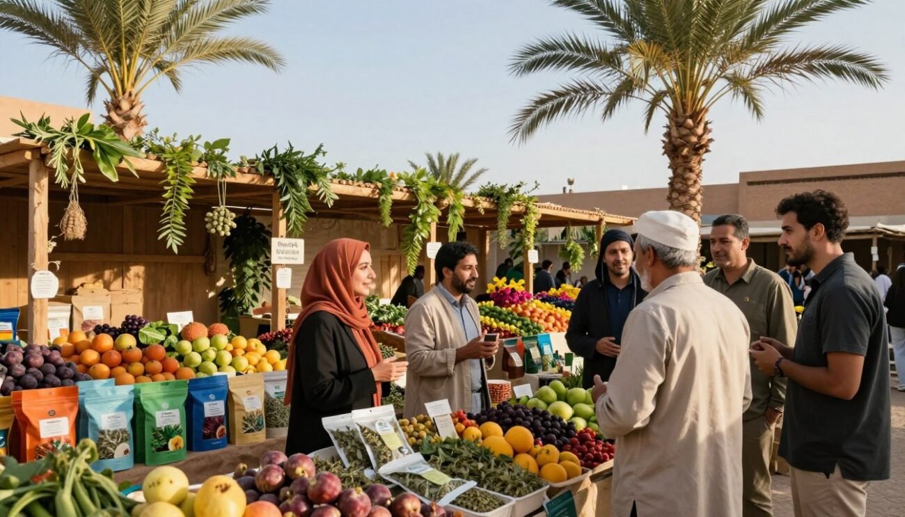 A serene, eco-friendly marketplace scene set in Morocco, showcasing natural products like organic fruits, vegetables, and herbal remedies. In the foreground, diverse, professional individuals in modest casual clothing engage in friendly conversation, surrounded by colorful, reusable packaging. The middle ground features wooden stalls adorned with greenery, promoting sustainability. Lush palm trees and vibrant flowers create a lively atmosphere, enhancing the environmental commitment theme. The background reveals a clear blue sky with soft sunlight illuminating the scene, creating a warm and inviting feeling. The image should be captured from a slightly elevated angle, emphasizing the lively interactions and the eco-conscious products, conveying a deep sense of community and responsibility towards nature.