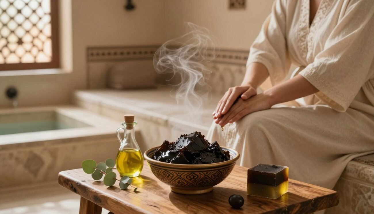 A serene interior of a traditional Moroccan hammam, showcasing a beautifully designed space with steam rising softly from heated stone benches. In the foreground, an elegant bowl filled with rich, dark Moroccan savon noir sits atop a rustic wooden table. Surrounding the bowl, natural ingredients like olive oil and eucalyptus leaves hint at the soap's natural essence. In the middle ground, a person dressed in a modest, flowing garment gently applies savon noir on their skin, conveying care and relaxation. Soft, warm lighting filters through ornate windows, casting gentle shadows, and enhancing the tranquil atmosphere. The scene evokes a sense of wellness and luxury, inviting viewers to embrace the nourishing rituals of hammam culture. A serene interior of a traditional Moroccan hammam, showcasing a beautifully designed space with steam rising softly from heated stone benches. In the foreground, an elegant bowl filled with rich, dark Moroccan savon noir sits atop a rustic wooden table. Surrounding the bowl, natural ingredients like olive oil and eucalyptus leaves hint at the soap's natural essence. In the middle ground, a person dressed in a modest, flowing garment gently applies savon noir on their skin, conveying care and relaxation. Soft, warm lighting filters through ornate windows, casting gentle shadows, and enhancing the tranquil atmosphere. The scene evokes a sense of wellness and luxury, inviting viewers to embrace the nourishing rituals of hammam culture.