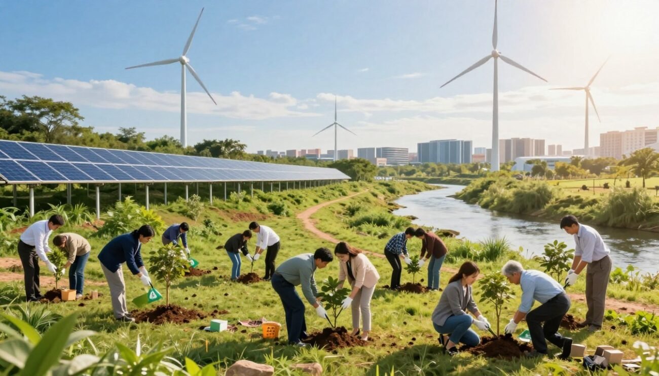 A serene landscape showcasing a vibrant community focused on reducing pollution and protecting the environment. In the foreground, diverse individuals in professional attire enthusiastically engage in eco-friendly practices, such as planting trees and recycling. The middle ground features lush greenery, solar panels, and wind turbines, symbolizing sustainable energy solutions, while a clean river flows peacefully nearby. The background reveals a clear blue sky with soft, warm sunlight filtering through, creating an optimistic atmosphere. A distant cityscape shows modern, eco-conscious architecture integrated harmoniously with nature. The mood is hopeful and motivational, underscoring the importance of collective action for environmental protection and pollution reduction. A serene landscape showcasing a vibrant community focused on reducing pollution and protecting the environment. In the foreground, diverse individuals in professional attire enthusiastically engage in eco-friendly practices, such as planting trees and recycling. The middle ground features lush greenery, solar panels, and wind turbines, symbolizing sustainable energy solutions, while a clean river flows peacefully nearby. The background reveals a clear blue sky with soft, warm sunlight filtering through, creating an optimistic atmosphere. A distant cityscape shows modern, eco-conscious architecture integrated harmoniously with nature. The mood is hopeful and motivational, underscoring the importance of collective action for environmental protection and pollution reduction.
