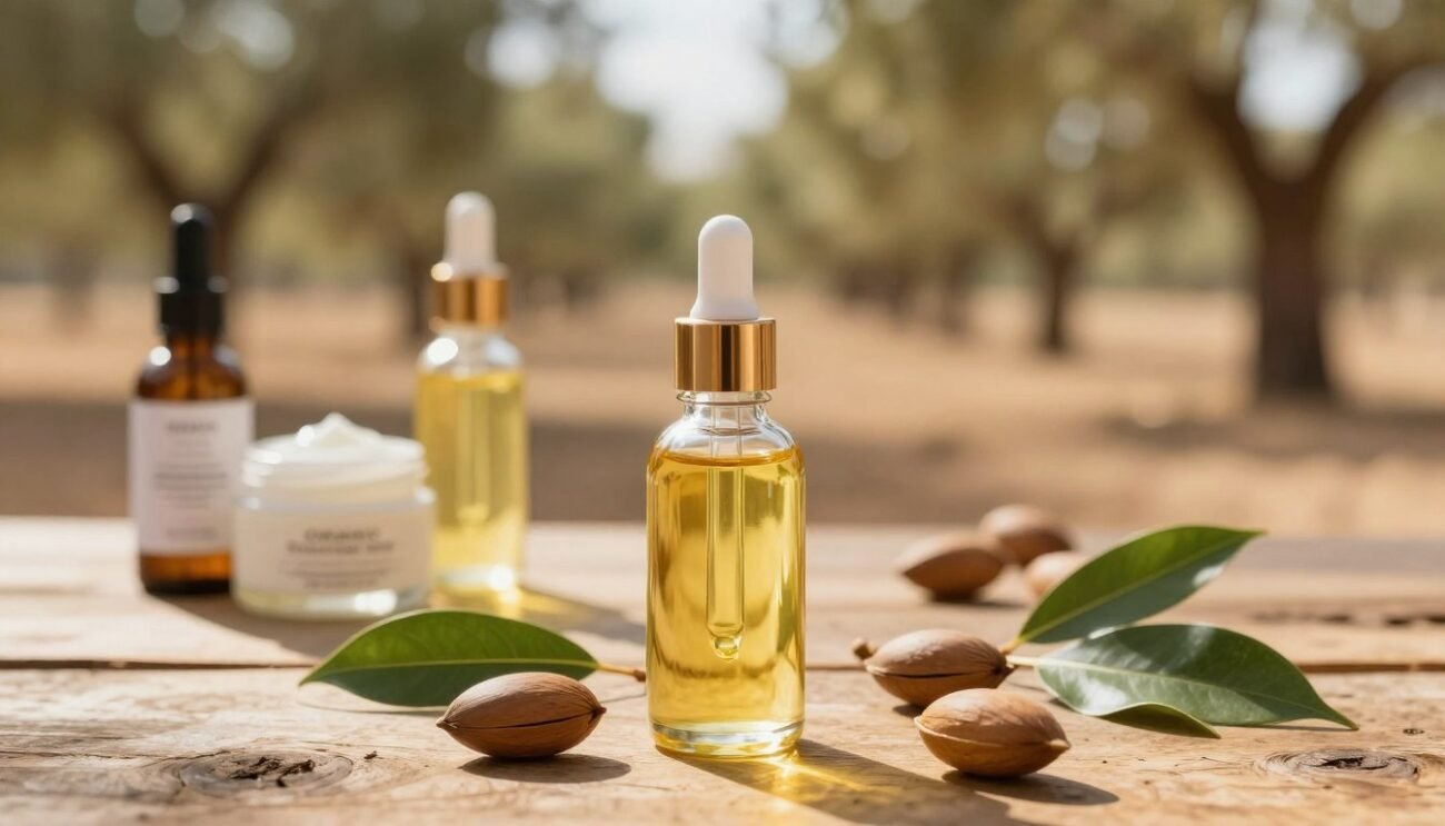 A serene setting showcasing the natural beauty and benefits of organic argan oil. In the foreground, a elegantly styled glass dropper bottle of high-quality, cold-pressed argan oil sits on a rustic wooden surface. Surrounding the bottle, scattered argan nuts and lush green leaves symbolize its natural origins. In the middle ground, soft-focus highlights reveal a beautifully lit arrangement of skin care products featuring argan oil, including a moisturizer and a facial serum. In the background, a blurred landscape of a Moroccan argan tree grove creates a tranquil atmosphere, bathed in warm, golden sunlight, enhancing the image's natural appeal. The mood is calm and inviting, perfect for a beauty-focused theme, captured from a slightly elevated angle that emphasizes depth and texture. A serene setting showcasing the natural beauty and benefits of organic argan oil. In the foreground, a elegantly styled glass dropper bottle of high-quality, cold-pressed argan oil sits on a rustic wooden surface. Surrounding the bottle, scattered argan nuts and lush green leaves symbolize its natural origins. In the middle ground, soft-focus highlights reveal a beautifully lit arrangement of skin care products featuring argan oil, including a moisturizer and a facial serum. In the background, a blurred landscape of a Moroccan argan tree grove creates a tranquil atmosphere, bathed in warm, golden sunlight, enhancing the image's natural appeal. The mood is calm and inviting, perfect for a beauty-focused theme, captured from a slightly elevated angle that emphasizes depth and texture.