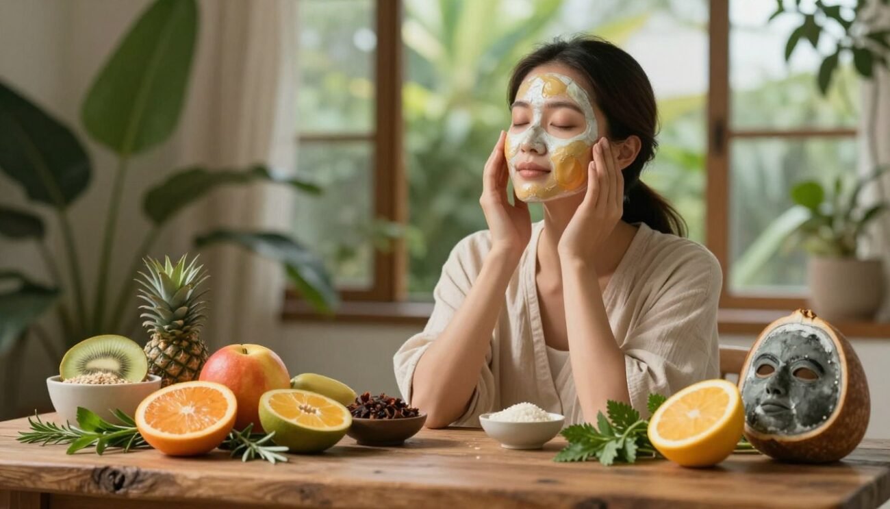 A serene spa setting featuring natural facial masks made from organic ingredients. In the foreground, a beautifully arranged selection of colorful fruit, herbs, and clay masks is displayed on a rustic wooden table. In the middle, a soft-focus image of a woman with a glowing complexion, applying a mask gently to her face, dressed in a modest, casual outfit. The background has lush greenery and soft, natural light filtering through large windows, creating a peaceful and rejuvenating atmosphere. The lighting is warm and inviting, enhancing the organic textures of the ingredients and the woman’s radiant skin. The overall mood conveys tranquility and the essence of natural skincare.
