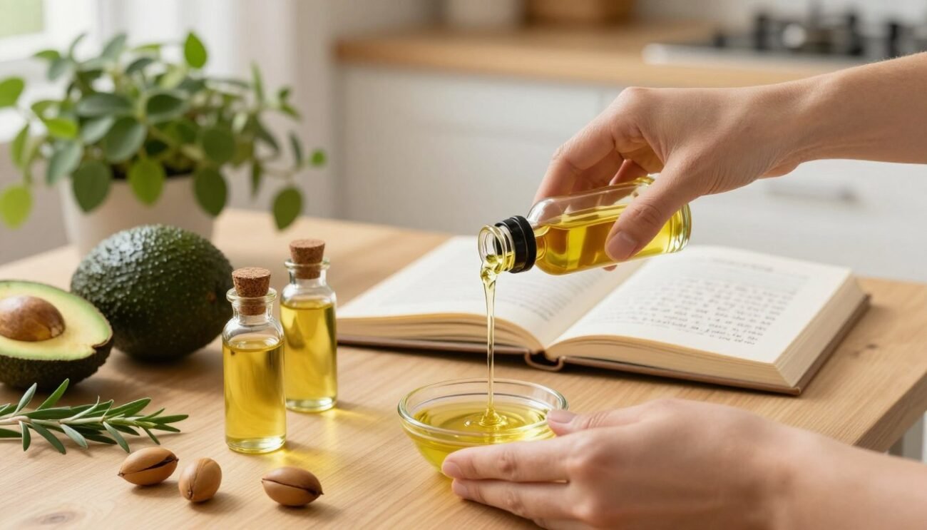 A serene, well-lit kitchen scene featuring a wooden table adorned with small glass bottles of argan oil, surrounded by fresh ingredients like avocados, nuts, and herbs. In the foreground, a pair of hands gently pours argan oil from a bottle into a small dish, emphasizing the practical use of the oil. The middle ground showcases an open recipe book with handwritten notes about using argan oil in cooking and skincare, along with a lush plant for a touch of nature. The background features soft, natural lighting, with warm tones that create a cozy atmosphere. The image evokes a sense of wellness and relaxation, perfect for highlighting practical advice on optimizing the use of argan oil. A serene, well-lit kitchen scene featuring a wooden table adorned with small glass bottles of argan oil, surrounded by fresh ingredients like avocados, nuts, and herbs. In the foreground, a pair of hands gently pours argan oil from a bottle into a small dish, emphasizing the practical use of the oil. The middle ground showcases an open recipe book with handwritten notes about using argan oil in cooking and skincare, along with a lush plant for a touch of nature. The background features soft, natural lighting, with warm tones that create a cozy atmosphere. The image evokes a sense of wellness and relaxation, perfect for highlighting practical advice on optimizing the use of argan oil.