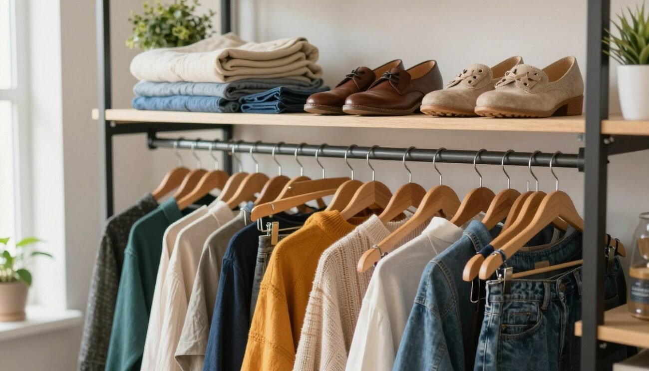 A stylishly arranged closet filled with ethically sourced clothing options, featuring a mix of vibrant eco-friendly fabrics and accessories. In the foreground, a well-organized selection of clothes on wooden hangers, showcasing sustainable fashion pieces like organic cotton sweaters, bamboo blouses, and recycled denim. The middle layer displays a neatly folded pile of versatile wardrobe essentials, alongside a pair of elegant shoes made from cruelty-free materials. The background features soft natural light filtering through a window, illuminating a small indoor plant symbolizing environmental consciousness. The overall atmosphere is serene and inviting, promoting the concept of responsible shopping and mindful fashion choices. A stylishly arranged closet filled with ethically sourced clothing options, featuring a mix of vibrant eco-friendly fabrics and accessories. In the foreground, a well-organized selection of clothes on wooden hangers, showcasing sustainable fashion pieces like organic cotton sweaters, bamboo blouses, and recycled denim. The middle layer displays a neatly folded pile of versatile wardrobe essentials, alongside a pair of elegant shoes made from cruelty-free materials. The background features soft natural light filtering through a window, illuminating a small indoor plant symbolizing environmental consciousness. The overall atmosphere is serene and inviting, promoting the concept of responsible shopping and mindful fashion choices.