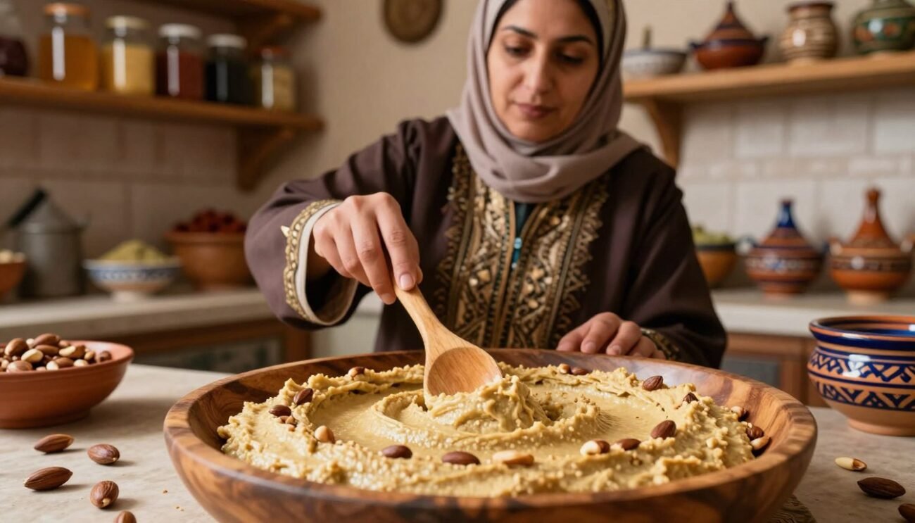 A traditional Moroccan kitchen scene showcasing the preparation of amlou, a delicious argan nut spread. In the foreground, a wooden bowl filled with fresh, creamy amlou is embellished with whole argan nuts scattered artistically around. In the middle, a woman in modest traditional Moroccan attire, focused on the stirring process, is using a wooden spoon. Soft, warm lighting bathes the scene, creating an inviting atmosphere. The background features rustic kitchen elements: wooden shelves lined with jars of honey and spices, and vibrant Moroccan pottery. Capture the warmth and authenticity of Moroccan culture, emphasizing the textures of the ingredients and the cozy kitchen environment, with a slight shallow depth of field to keep the focus on the amlou preparation.