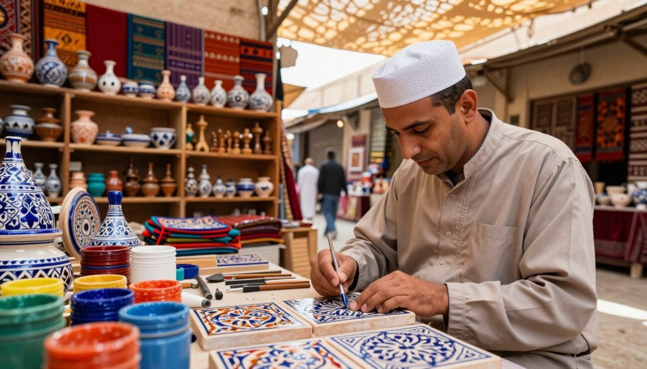 A vibrant Moroccan artisan workshop scene, showcasing traditional crafts. In the foreground, an artisan dressed in modest, professional attire is meticulously painting intricate patterns on ceramic tiles, surrounded by various tools and colorful raw materials. In the middle, shelves are lined with handcrafted textiles, pottery, and woodwork, reflecting the rich tapestry of Moroccan culture. The background features an inviting market atmosphere with warm, natural lighting filtering through a textile canopy, casting soft shadows. The image evokes a sense of authenticity and pride in craftsmanship, capturing the essence of customer testimonials through the artisans' focused expressions and the vibrancy of their creations.