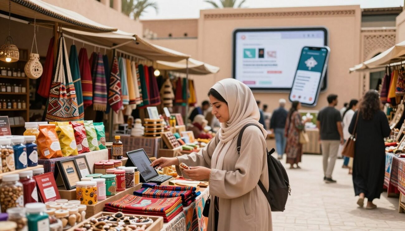 A vibrant Moroccan e-commerce marketplace scene that showcases responsibility and sustainability. In the foreground, a woman in modest casual clothing examines handmade crafts, symbolizing ethical shopping. The middle ground features colorful stalls filled with organic products, artisanal goods, and fair-trade items, highlighting local craftsmanship. In the background, traditional Moroccan architecture blends seamlessly with modern online shopping technology, such as tablets and smartphones displaying e-commerce interfaces. Soft natural lighting bathes the scene, enhancing the warm, inviting atmosphere. A wide-angle perspective captures the bustling energy of shoppers engaged in meaningful exchanges, promoting the concept of responsible consumption in a culturally rich environment.
