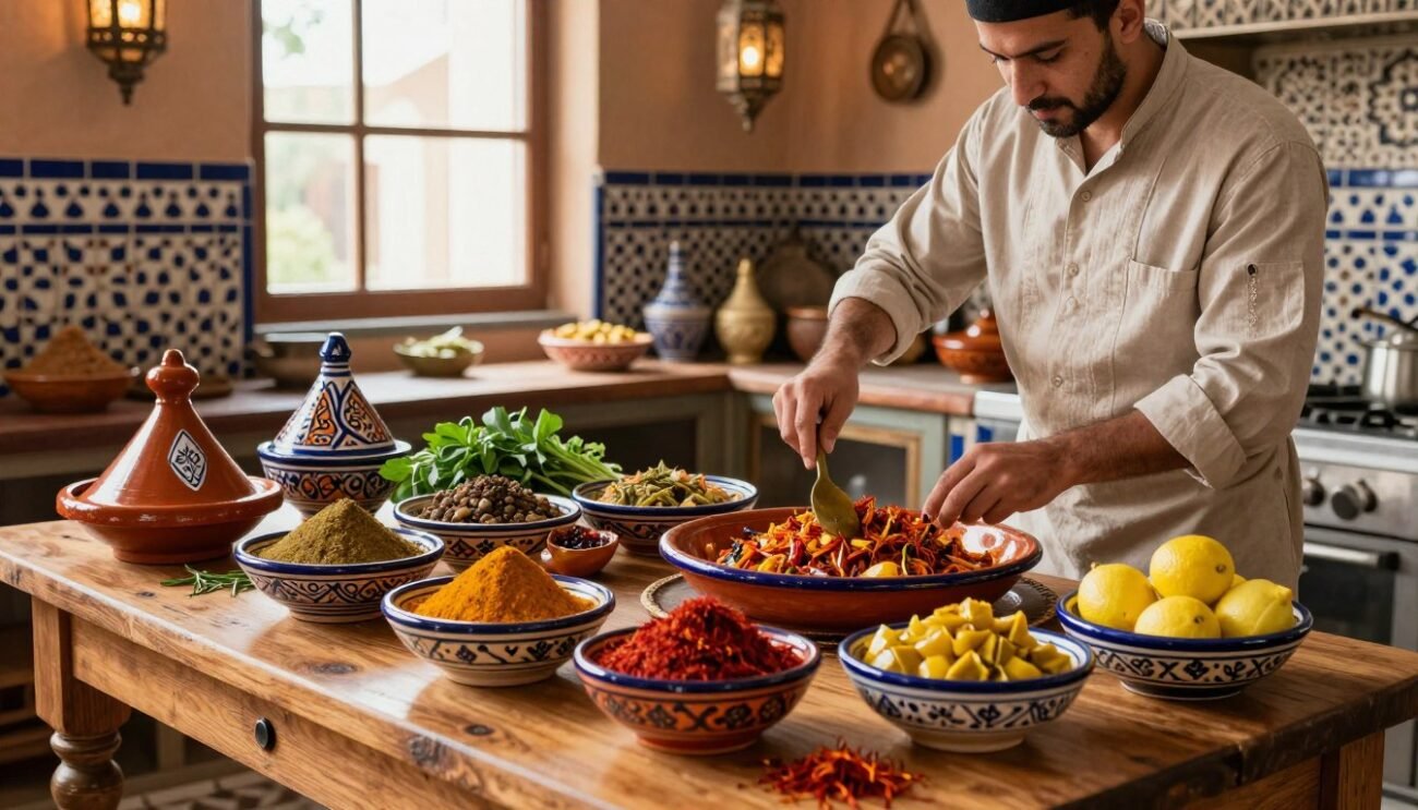 A vibrant Moroccan kitchen scene, showcasing a rustic wooden table laden with colorful spices, fresh herbs, and traditional ingredients like saffron, harissa, and preserved lemons. In the foreground, a skilled chef, dressed in modest casual attire, meticulously prepares a dish, surrounded by intricate Moroccan kitchenware like tagines and vibrant ceramic bowls. In the middle, an array of ingredients is artfully displayed, with natural light streaming in through a window, highlighting the rich textures and colors of the food. The background features warm, earthy tones typical of Moroccan architecture, with patterned tiles and hanging lanterns, creating an inviting and cozy atmosphere that captures the essence of integrating authentic Moroccan flavors into daily life.