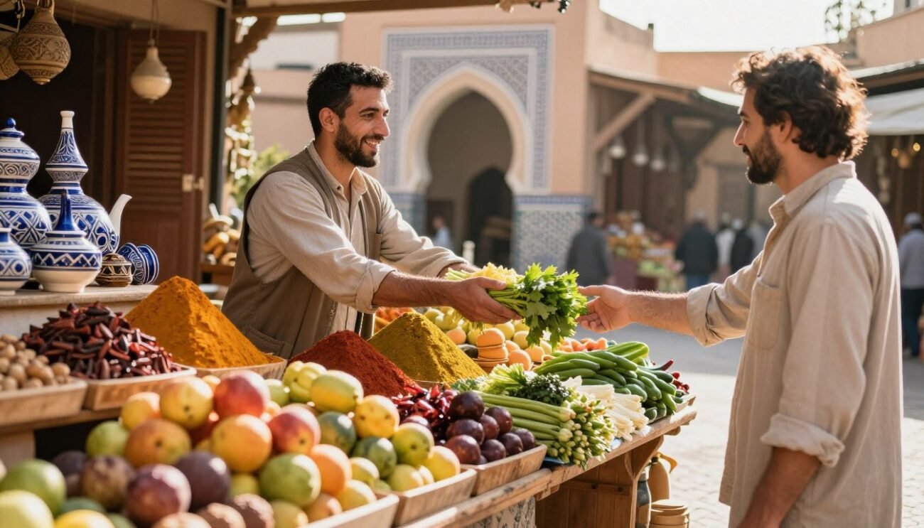A vibrant Moroccan market scene featuring a variety of local products, such as colorful fruits, vegetables, and traditional artisanal goods, arranged attractively on rustic wooden tables. In the foreground, a vendor wearing modest casual attire is handing fresh produce to a customer, showcasing friendly interaction. The middle ground includes striking displays of spices in vibrant hues and handcrafted pottery. The background reveals a typical Moroccan architectural style, with intricate tile work and archways, all basked in warm sunlight to create a bright, inviting atmosphere. Use a shallow depth of field to softly blur the background, directing focus onto the products, while golden hour lighting enhances the scene's warmth and richness, evoking a sense of tradition and community. A vibrant Moroccan market scene featuring a variety of local products, such as colorful fruits, vegetables, and traditional artisanal goods, arranged attractively on rustic wooden tables. In the foreground, a vendor wearing modest casual attire is handing fresh produce to a customer, showcasing friendly interaction. The middle ground includes striking displays of spices in vibrant hues and handcrafted pottery. The background reveals a typical Moroccan architectural style, with intricate tile work and archways, all basked in warm sunlight to create a bright, inviting atmosphere. Use a shallow depth of field to softly blur the background, directing focus onto the products, while golden hour lighting enhances the scene's warmth and richness, evoking a sense of tradition and community.