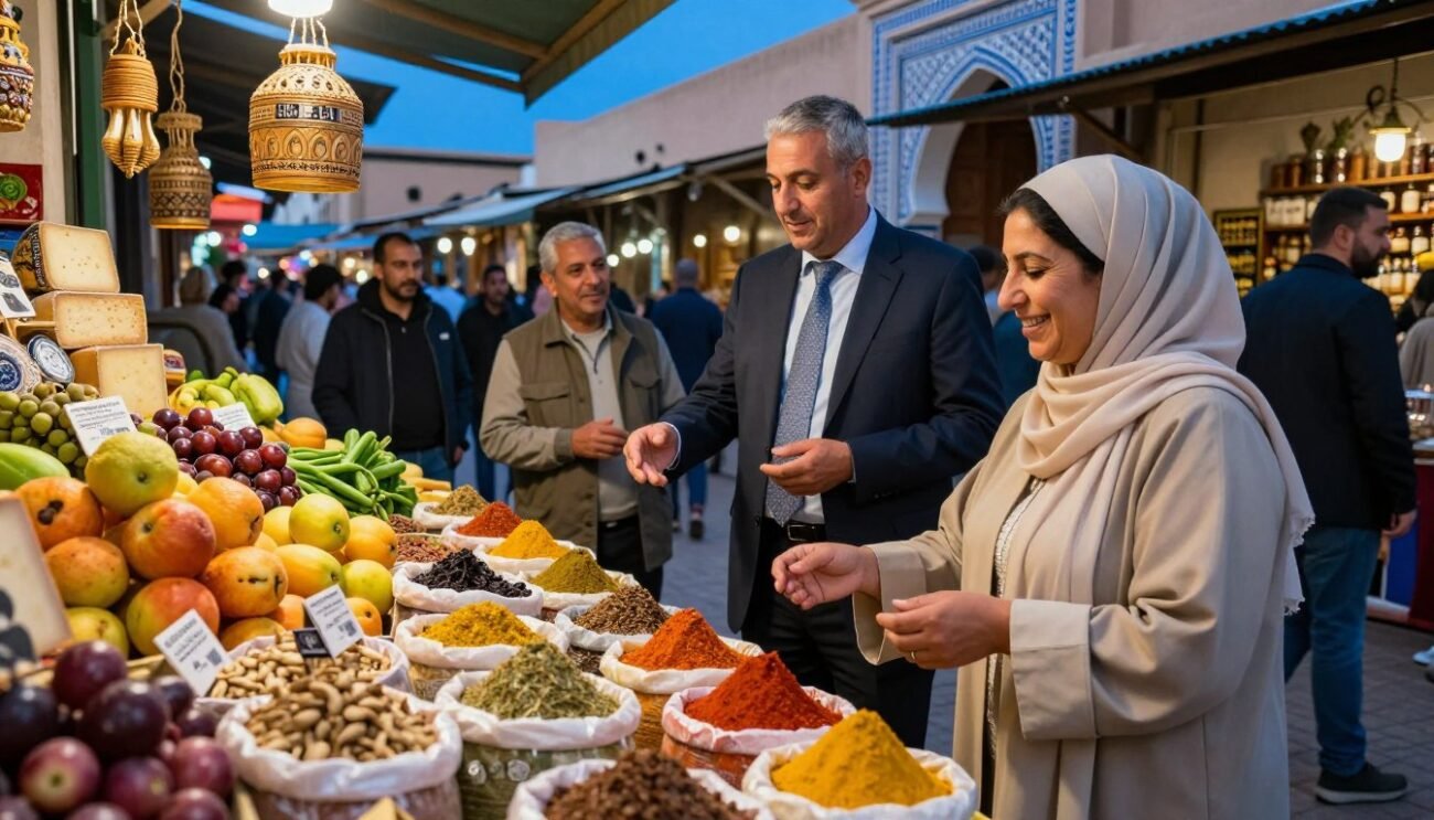 A vibrant Moroccan market scene showcasing local producers celebrating their traditional products. In the foreground, a woman in modest casual clothing, smiling as she displays colorful spices in small bags. To the left, a table adorned with fresh fruits, vegetables, and artisanal cheeses, all arranged artistically. The middle ground features a group of diverse locals, including a man in professional business attire, deeply engaged in conversation about their products, emphasizing community support. The background reveals traditional Moroccan architecture with intricately designed tiles and a blue sky. The lighting is warm and inviting, illuminating the rich colors of the products. The mood is lively and festive, capturing the essence of Moroccan culinary tradition and the importance of local sourcing. A vibrant Moroccan market scene showcasing local producers celebrating their traditional products. In the foreground, a woman in modest casual clothing, smiling as she displays colorful spices in small bags. To the left, a table adorned with fresh fruits, vegetables, and artisanal cheeses, all arranged artistically. The middle ground features a group of diverse locals, including a man in professional business attire, deeply engaged in conversation about their products, emphasizing community support. The background reveals traditional Moroccan architecture with intricately designed tiles and a blue sky. The lighting is warm and inviting, illuminating the rich colors of the products. The mood is lively and festive, capturing the essence of Moroccan culinary tradition and the importance of local sourcing.