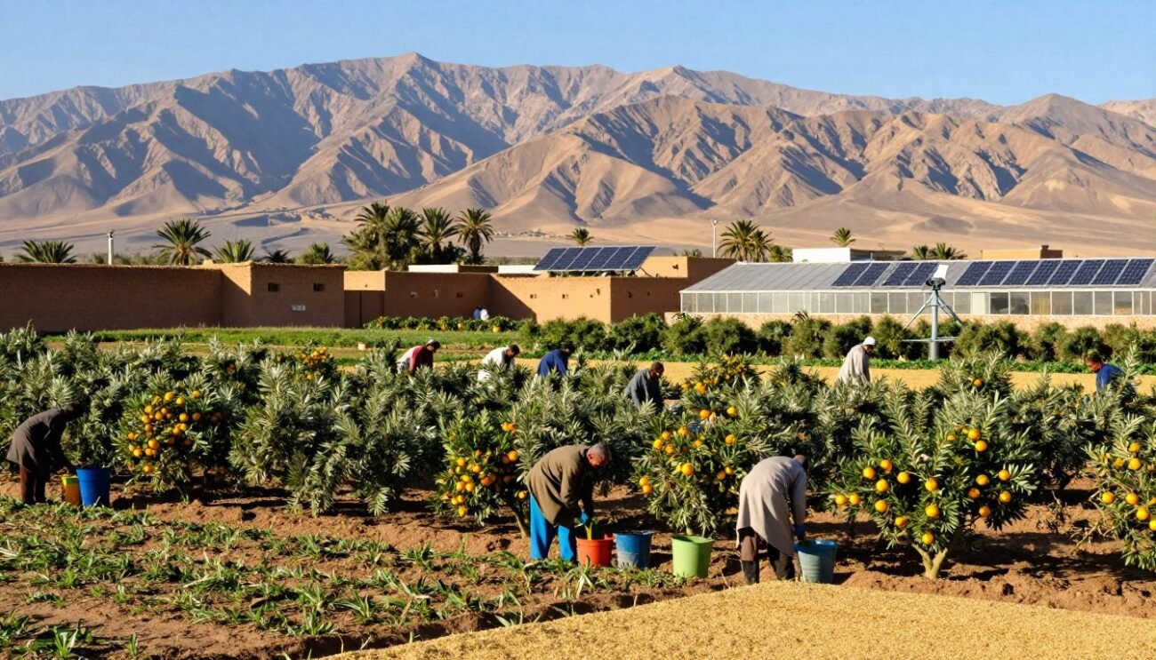 A vibrant agricultural landscape in Morocco, showcasing lush fields of diverse crops, such as olives, citrus fruits, and grains, in the foreground. Farmers, dressed in modest casual clothing, actively engage in sustainable farming practices, planting and harvesting, conveying a sense of community and hard work. The middle ground features traditional Moroccan structures, like adobe houses and greenhouses, merging with modern agricultural technology like solar panels and irrigation systems. In the background, the majestic Atlas Mountains rise under a clear blue sky, reflecting the beauty of the terroir. Soft, warm sunlight bathes the scene, creating an inviting and hopeful atmosphere. Capture the essence of agricultural development initiatives harmoniously integrated with cultural traditions.
