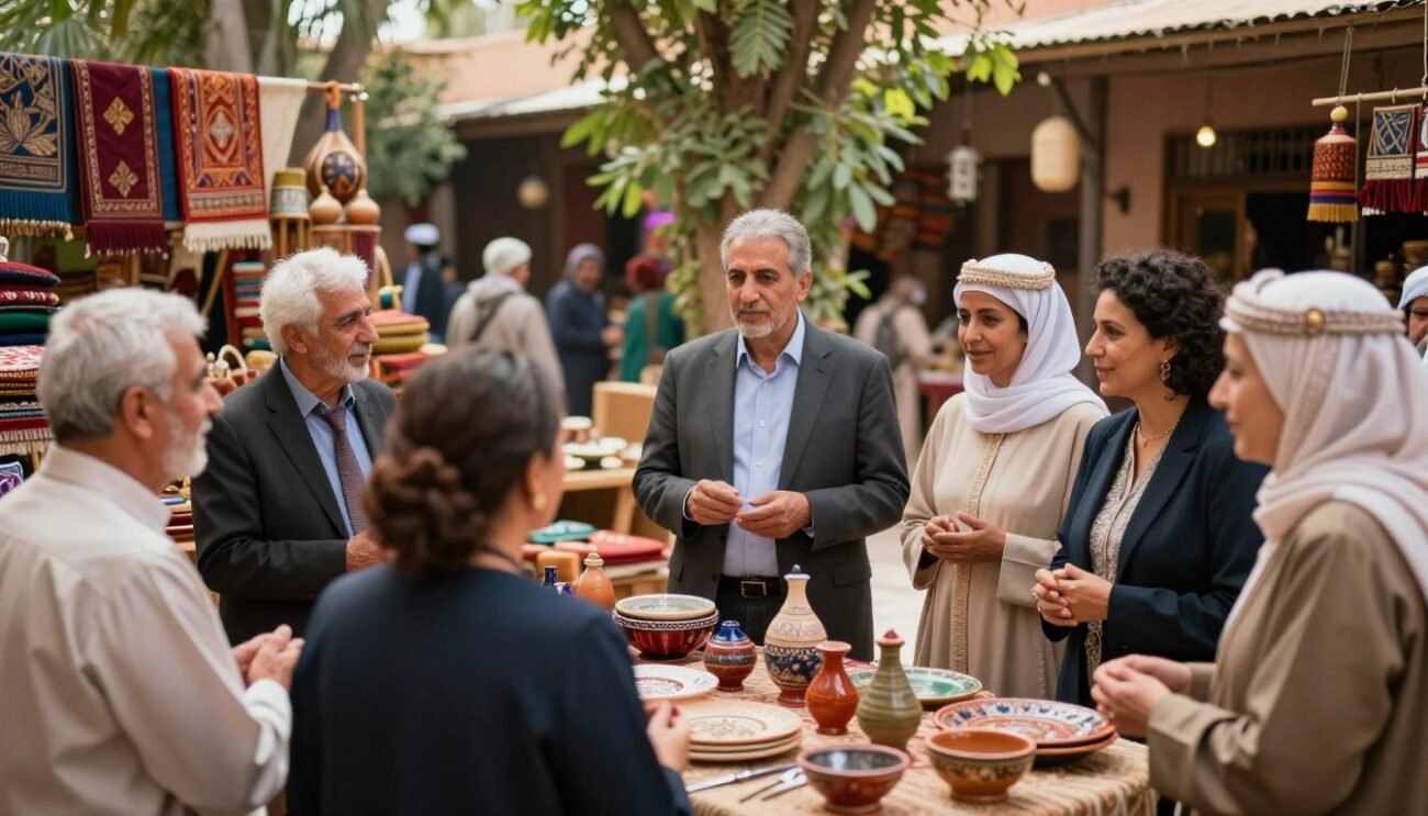 A vibrant and engaging scene showcasing ethical brands in Morocco. In the foreground, a diverse group of people of various ages, dressed in professional business attire and modest casual clothing, is engaged in a dynamic conversation about sustainable practices. In the middle ground, beautifully handcrafted Moroccan goods, such as textiles and pottery, are displayed on rustic tables, symbolizing the commitment to ethical production. The background features a sunlit Moroccan marketplace, with lush greenery and traditional architecture, creating a warm and inviting atmosphere. Soft natural lighting enhances the colors and textures, while a slightly blurred depth of field brings focus to the central conversation, evoking a sense of community and responsibility towards ethical choices.