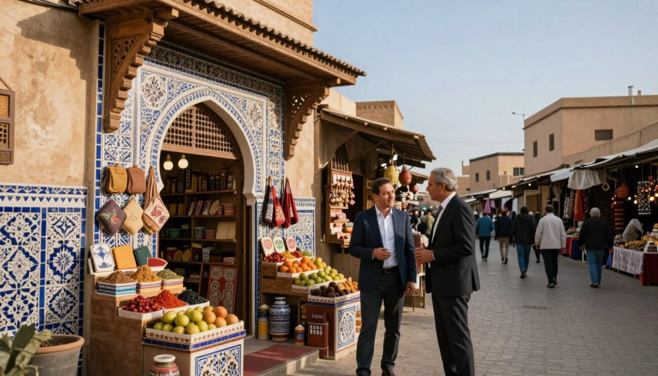 A vibrant and inviting Moroccan commercial property, featuring a small local shop with colorful traditional architecture and detailed tile work in the foreground. The shop displays local crafts, spices, and fruits, showcasing the richness of Moroccan culture. In the middle ground, a couple dressed in professional business attire is having a friendly discussion, reflecting the benefits of investing in local real estate. The background features bustling streets filled with people, traditional market stalls, and a clear blue sky, creating a lively atmosphere. The lighting is warm and natural, suggesting late afternoon with soft shadows, capturing the essence of Morocco's inviting charm and economic potential. Aim for a warm, optimistic mood that emphasizes community and opportunity.