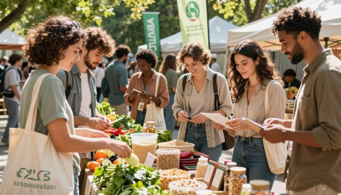 A vibrant and inviting scene depicting sustainable shopping strategies. In the foreground, a diverse group of professionals dressed in smart casual attire is actively engaged in a community market, examining organic produce and eco-friendly products. The middle ground showcases colorful stalls filled with reusable bags, bulk bins of grains, and handmade goods, all under a bright, natural sunlight that casts gentle shadows. In the background, green trees and banners promoting sustainability enhance the lively atmosphere. The setting conveys a sense of community and environmental consciousness, encouraging responsible consumption. The image should evoke a warm, optimistic mood, ideal for illustrating sustainable shopping practices. Natural colors with a focus on greens, browns, and vibrant product colors should dominate the palette. A vibrant and inviting scene depicting sustainable shopping strategies. In the foreground, a diverse group of professionals dressed in smart casual attire is actively engaged in a community market, examining organic produce and eco-friendly products. The middle ground showcases colorful stalls filled with reusable bags, bulk bins of grains, and handmade goods, all under a bright, natural sunlight that casts gentle shadows. In the background, green trees and banners promoting sustainability enhance the lively atmosphere. The setting conveys a sense of community and environmental consciousness, encouraging responsible consumption. The image should evoke a warm, optimistic mood, ideal for illustrating sustainable shopping practices. Natural colors with a focus on greens, browns, and vibrant product colors should dominate the palette.