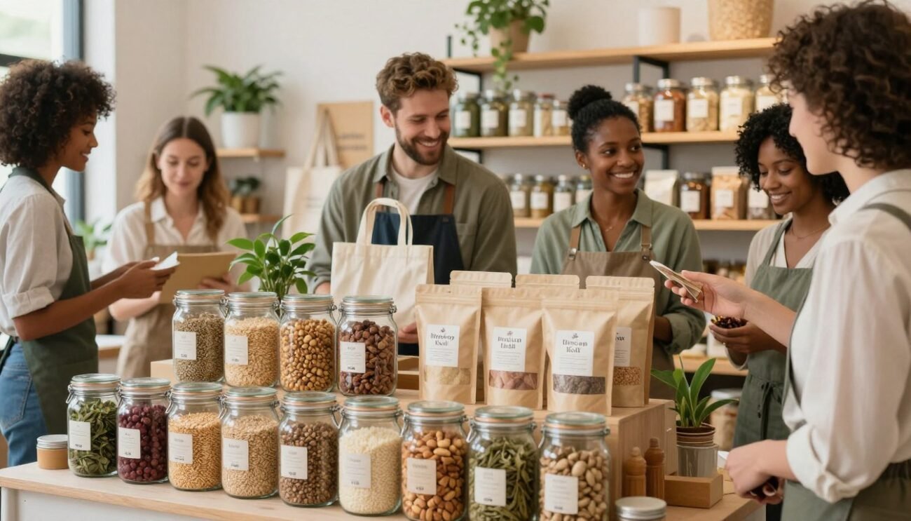 A vibrant and inviting scene featuring a zero-waste marketplace called "IlinShop Vracn Roll." In the foreground, display a beautifully arranged assortment of bulk food containers filled with organic grains, nuts, and spices in elegant glass jars. Include a friendly, diverse group of individuals in professional attire engaged in shopping and discussing eco-friendly products. The middle ground shows reusable bags and eco-conscious packaging options, emphasizing sustainability. In the background, depict a warm, well-lit store interior with wooden shelves and greenery, enhancing the organic atmosphere. Use soft, natural lighting to create a welcoming and positive mood, capturing the essence of responsible consumption and community engagement around zero waste. A vibrant and inviting scene featuring a zero-waste marketplace called "IlinShop Vracn Roll." In the foreground, display a beautifully arranged assortment of bulk food containers filled with organic grains, nuts, and spices in elegant glass jars. Include a friendly, diverse group of individuals in professional attire engaged in shopping and discussing eco-friendly products. The middle ground shows reusable bags and eco-conscious packaging options, emphasizing sustainability. In the background, depict a warm, well-lit store interior with wooden shelves and greenery, enhancing the organic atmosphere. Use soft, natural lighting to create a welcoming and positive mood, capturing the essence of responsible consumption and community engagement around zero waste.