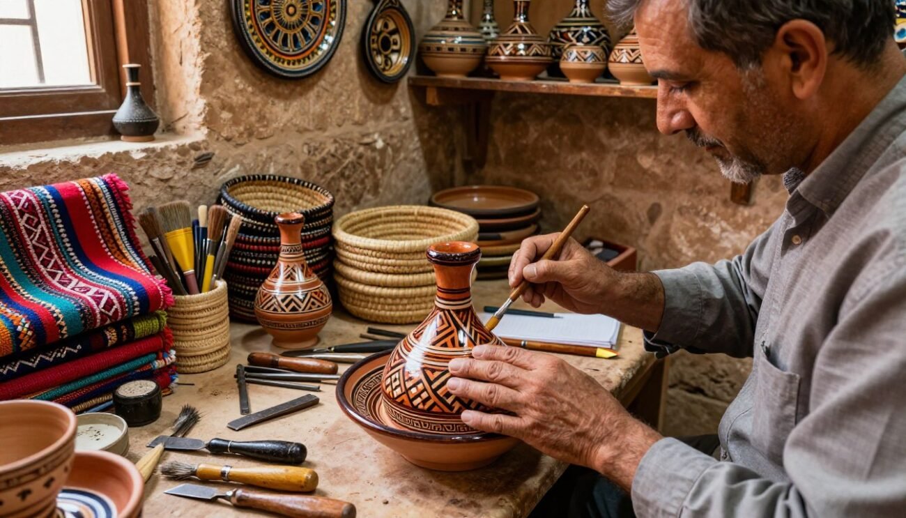 A vibrant artisan workshop in Morocco, showcasing traditional craftsmanship techniques. In the foreground, a skilled artisan meticulously hand-painting intricate geometric patterns on pottery with rich, earthy colors. The middle ground features various traditional tools, such as chisels and brushes, alongside colorful textiles and woven baskets that represent a blend of craftsmanship. The background includes rustic stone walls adorned with artisan decor and shelves lined with handcrafted goods. The scene is illuminated by soft, warm light filtering in from a window, creating a cozy and inviting atmosphere. The overall mood conveys the beauty of Moroccan traditional arts and the dedication of artisans preserving these age-old techniques. A vibrant artisan workshop in Morocco, showcasing traditional craftsmanship techniques. In the foreground, a skilled artisan meticulously hand-painting intricate geometric patterns on pottery with rich, earthy colors. The middle ground features various traditional tools, such as chisels and brushes, alongside colorful textiles and woven baskets that represent a blend of craftsmanship. The background includes rustic stone walls adorned with artisan decor and shelves lined with handcrafted goods. The scene is illuminated by soft, warm light filtering in from a window, creating a cozy and inviting atmosphere. The overall mood conveys the beauty of Moroccan traditional arts and the dedication of artisans preserving these age-old techniques.