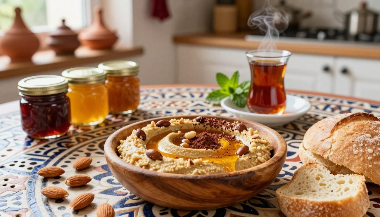 A vibrant display of Moroccan Amlou, highlighting its culinary uses and tips. In the foreground, a rustic wooden bowl filled with glistening Amlou made from argan nuts, honey, and cocoa powder, alongside fresh almonds and a loaf of traditional Moroccan bread. In the middle ground, a beautifully arranged table with intricate Moroccan patterns, with jars of fruity jams and a steaming cup of mint tea, inviting viewers to explore creative pairings. In the background, a softly lit kitchen scene featuring clay pots and hanging spices, evoking a warm, welcoming atmosphere. Natural lighting streams in from a window, enhancing the rich, earthy tones of the ingredients, capturing the essence of Moroccan culinary traditions.